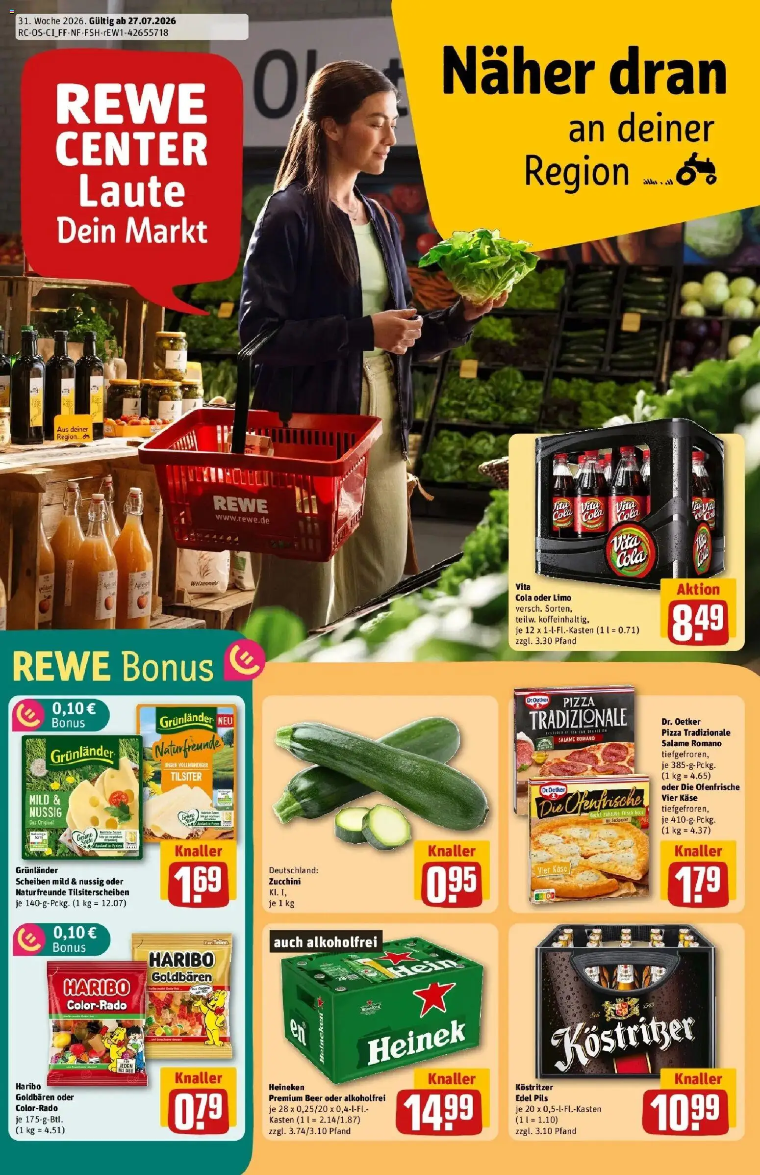 Vorschau von dem Prospekt des Geschäftes Rewe, gültig ab dem 27.07.2026 - Käse, Haribo, Cola, Heineken, Vita cola, Ofenfrische, Kostritzer, Grunlander