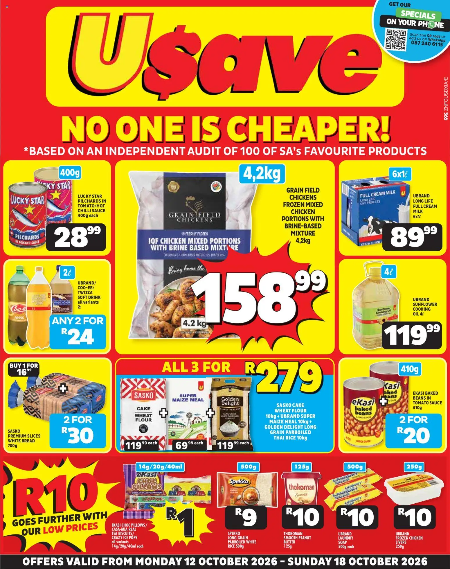 Preview of Usave flyer valid from 12/10/2026 - Tea, Milk, Oil, Bread, Rice, Soap, Pilchards, Sauce