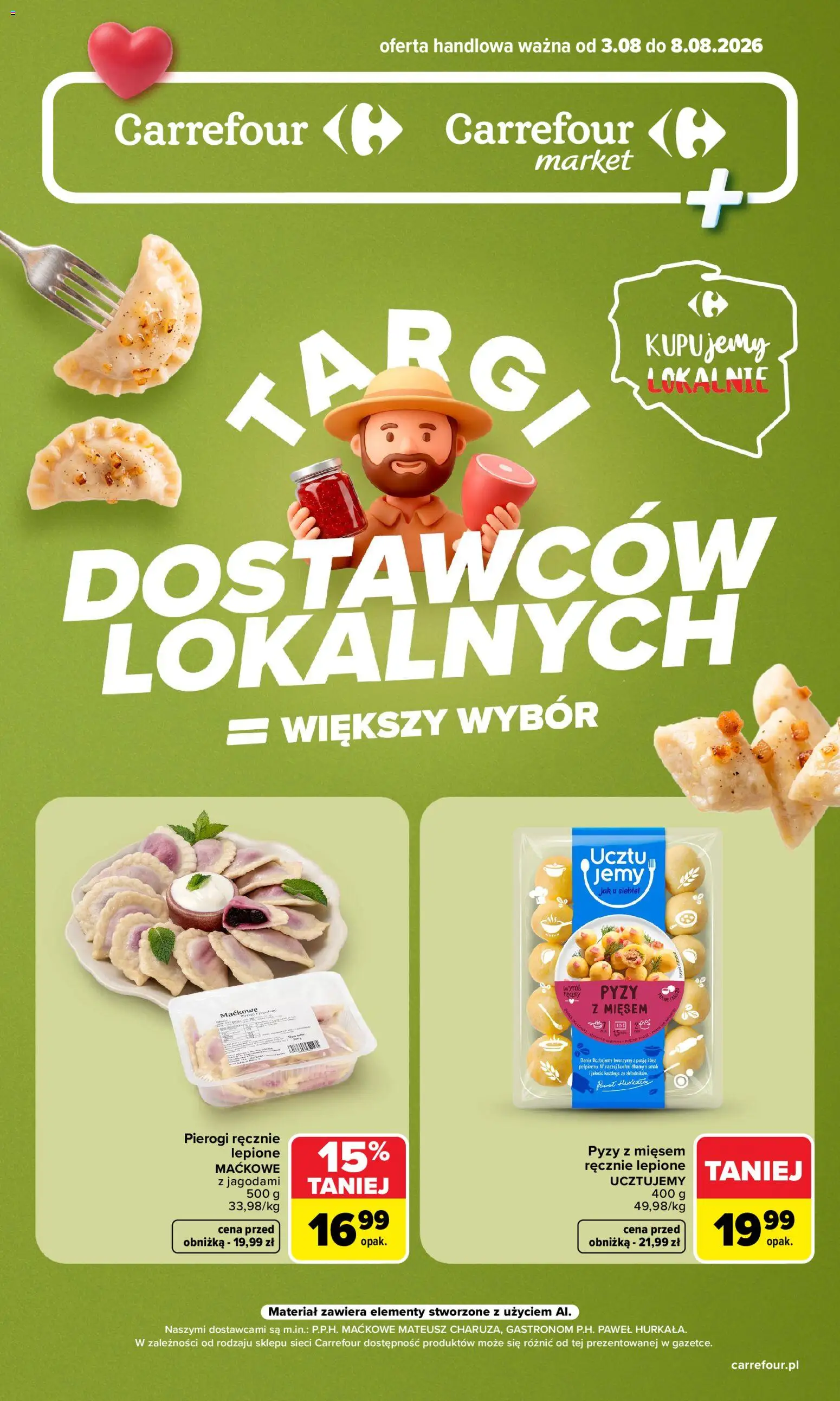 Pogląd gazetki "Carrefour gazetka - Targi dostawców lokalnych" ze sklepu Carrefour ważnej od 03.08.2026 - Pierogi, Pyzy z mięsem
