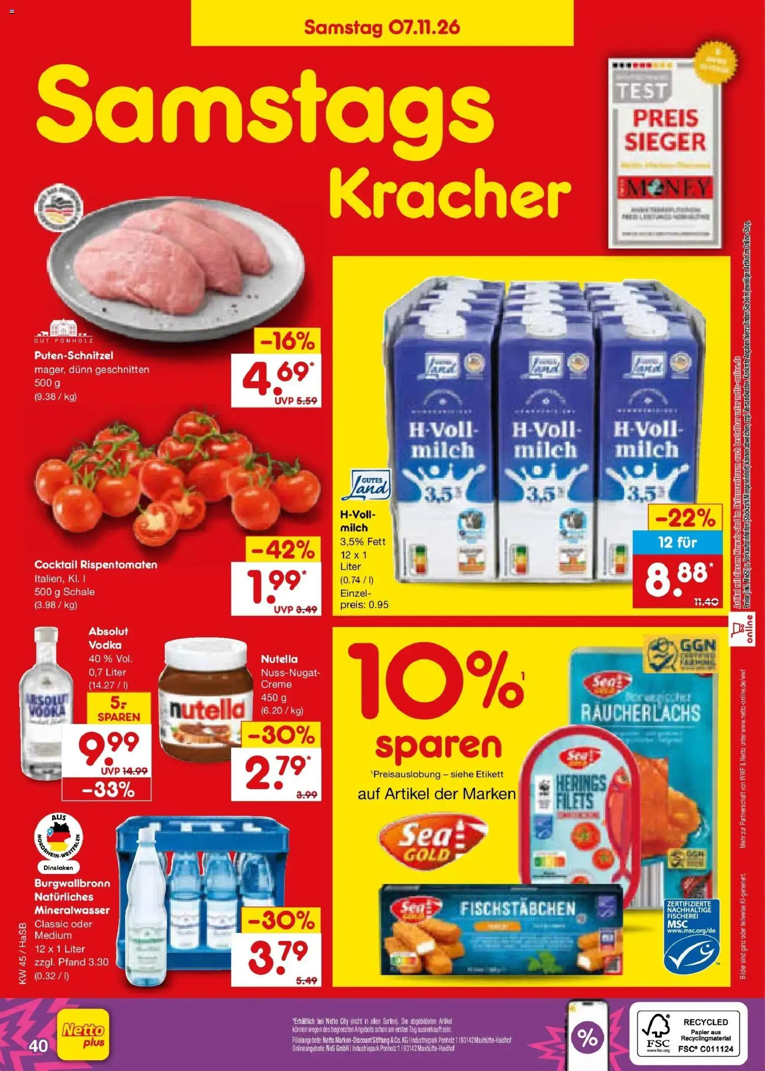 Vorschau von dem Prospekt des Geschäftes Netto Marken-Discount, gültig ab dem 02.11.2026 - Bilder, Nutella, Mineralwasser, Milch, Creme, Räucherlachs, Putenschnitzel, Fischstabchen