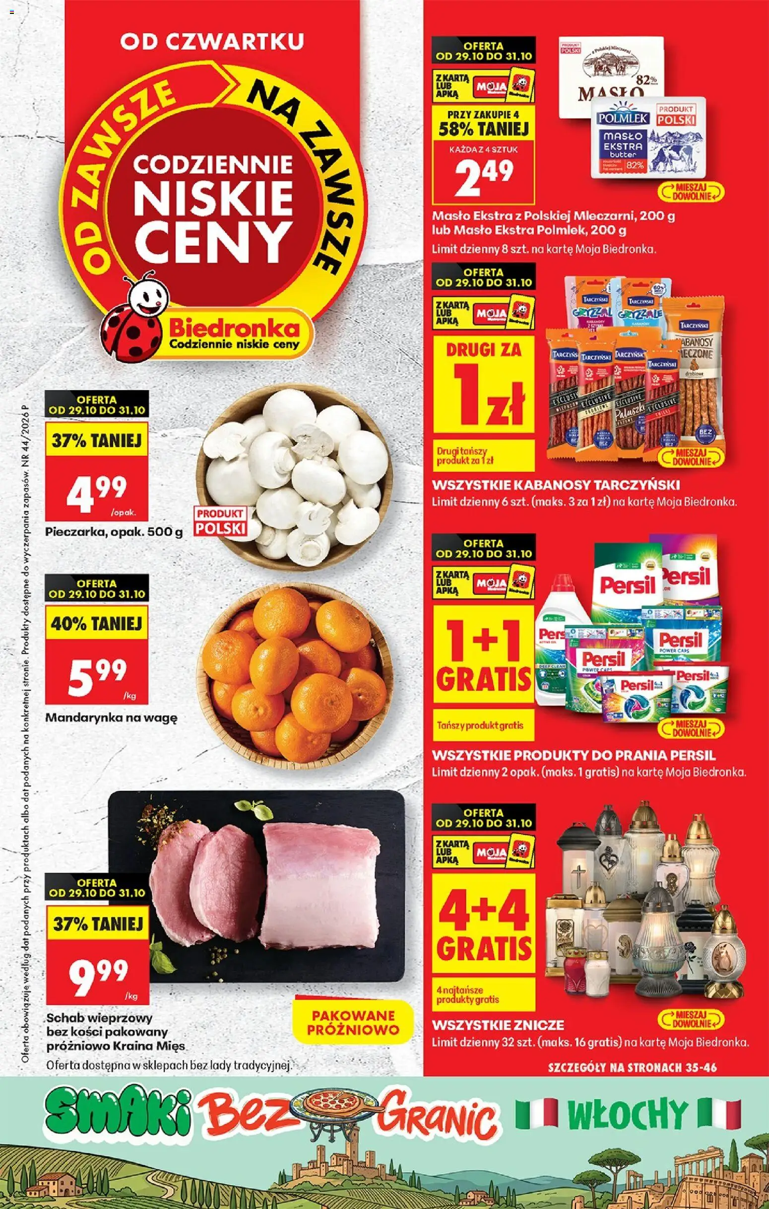 Pogląd gazetki "Biedronka gazetka od czwartku" ze sklepu Biedronka ważnej od 29.10.2026 - Masło, Znicze, Karta, Kabanosy, Kabanos, Detergent, Kraina mięs, Schab wieprzowy bez kości