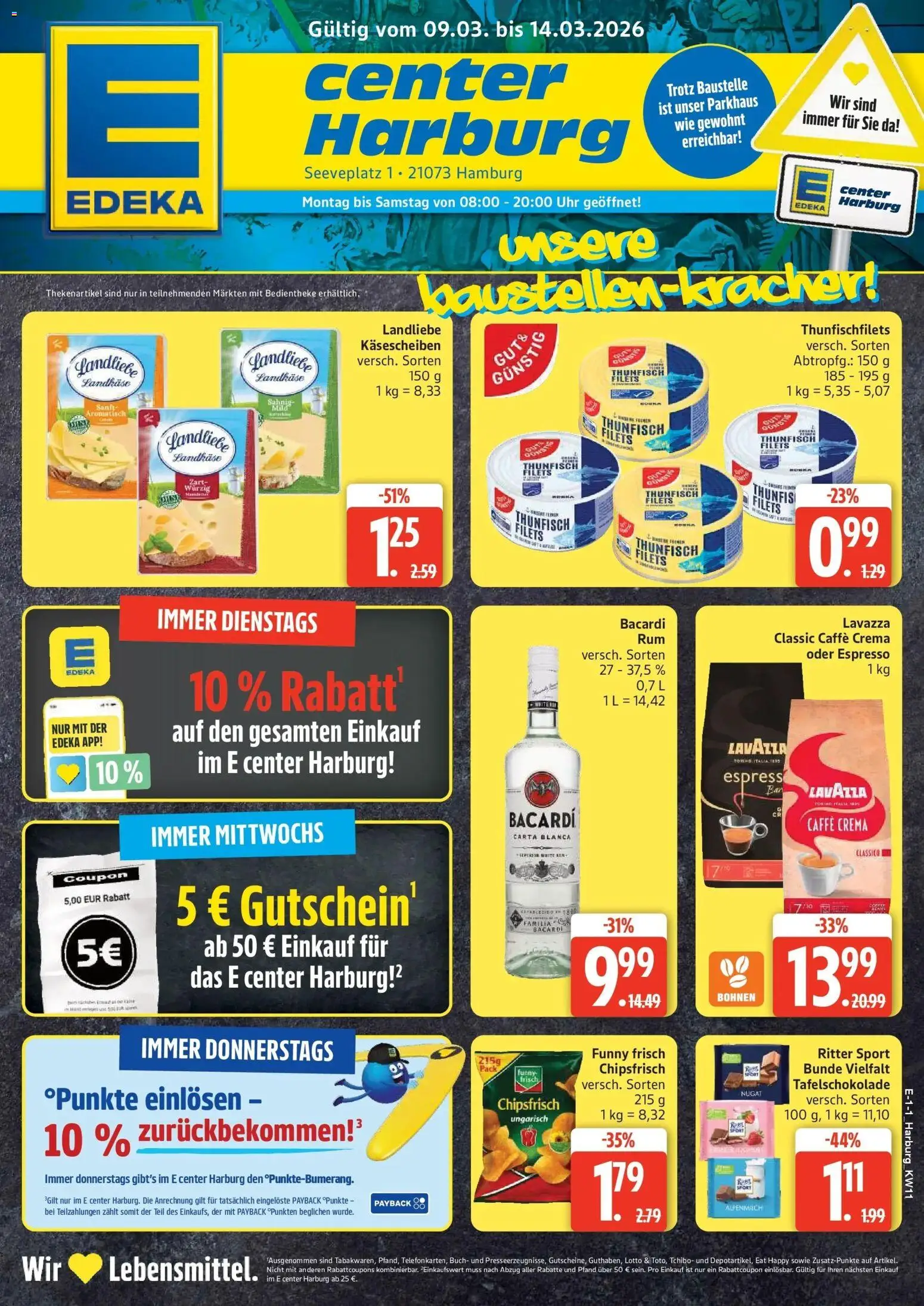 Vorschau von dem Prospekt des Geschäftes Edeka, gültig ab dem 09.03.2026 - Uhr, Thunfisch, Ritter sport, Bacardi, Lavazza, Rum, Funny frisch