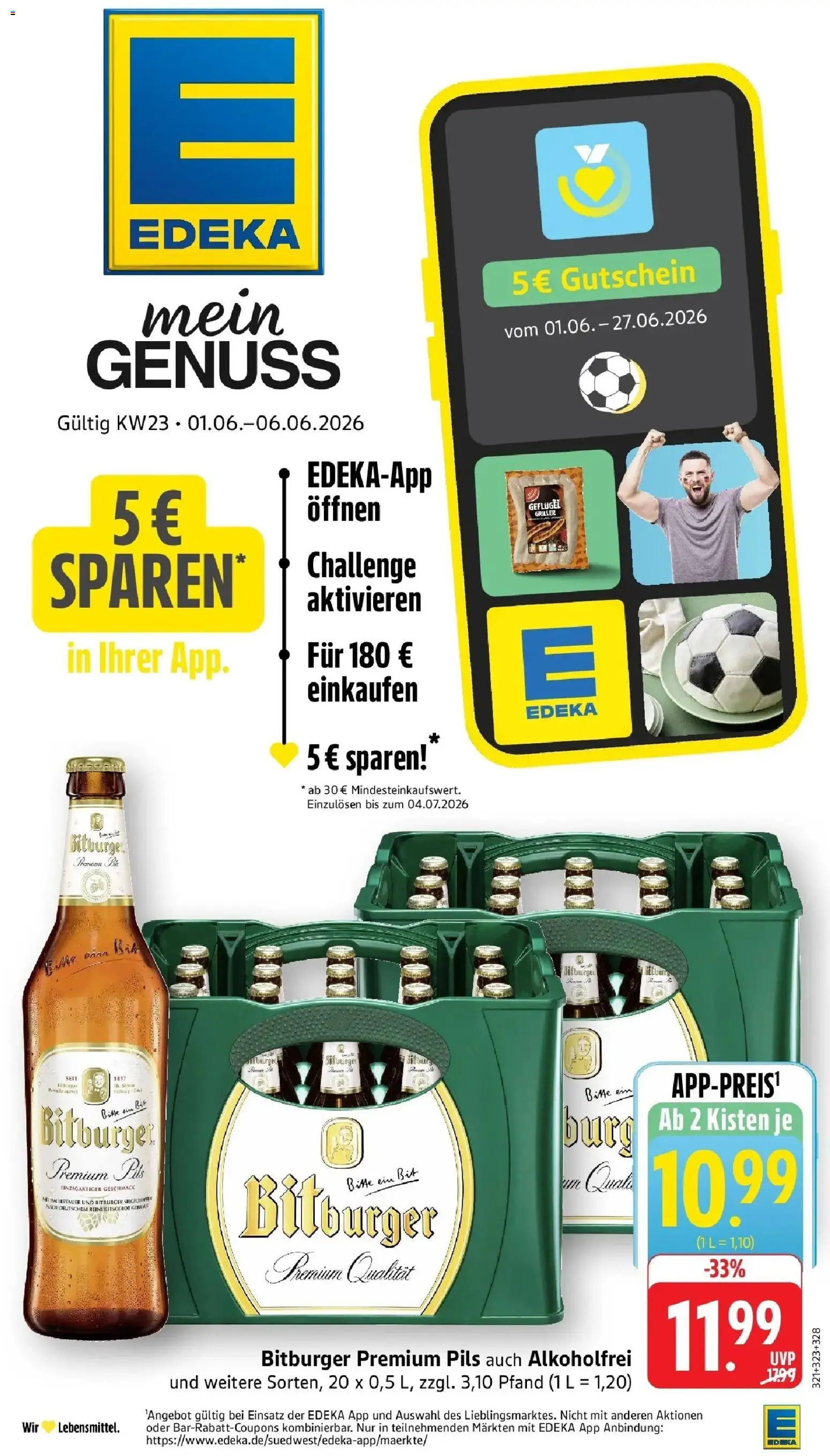 Vorschau von dem Prospekt des Geschäftes Edeka, gültig ab dem 01.06.2026 - Burger, Bitburger, Pils, Griller