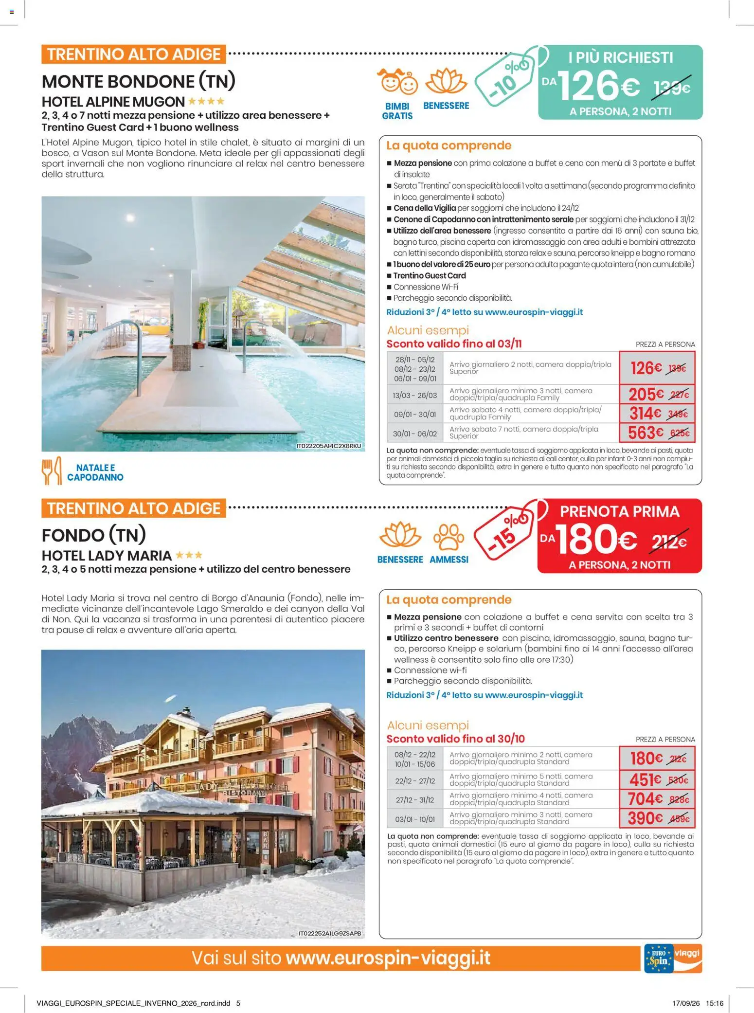 Anteprima dell'opuscolo Eurospin volantino Viaggi Nord dal negozio Eurospin valido da 17/09/2026 - Piscina, Bagno, Letto, Culla, Contorni, Coperta, Bevande, Specialità