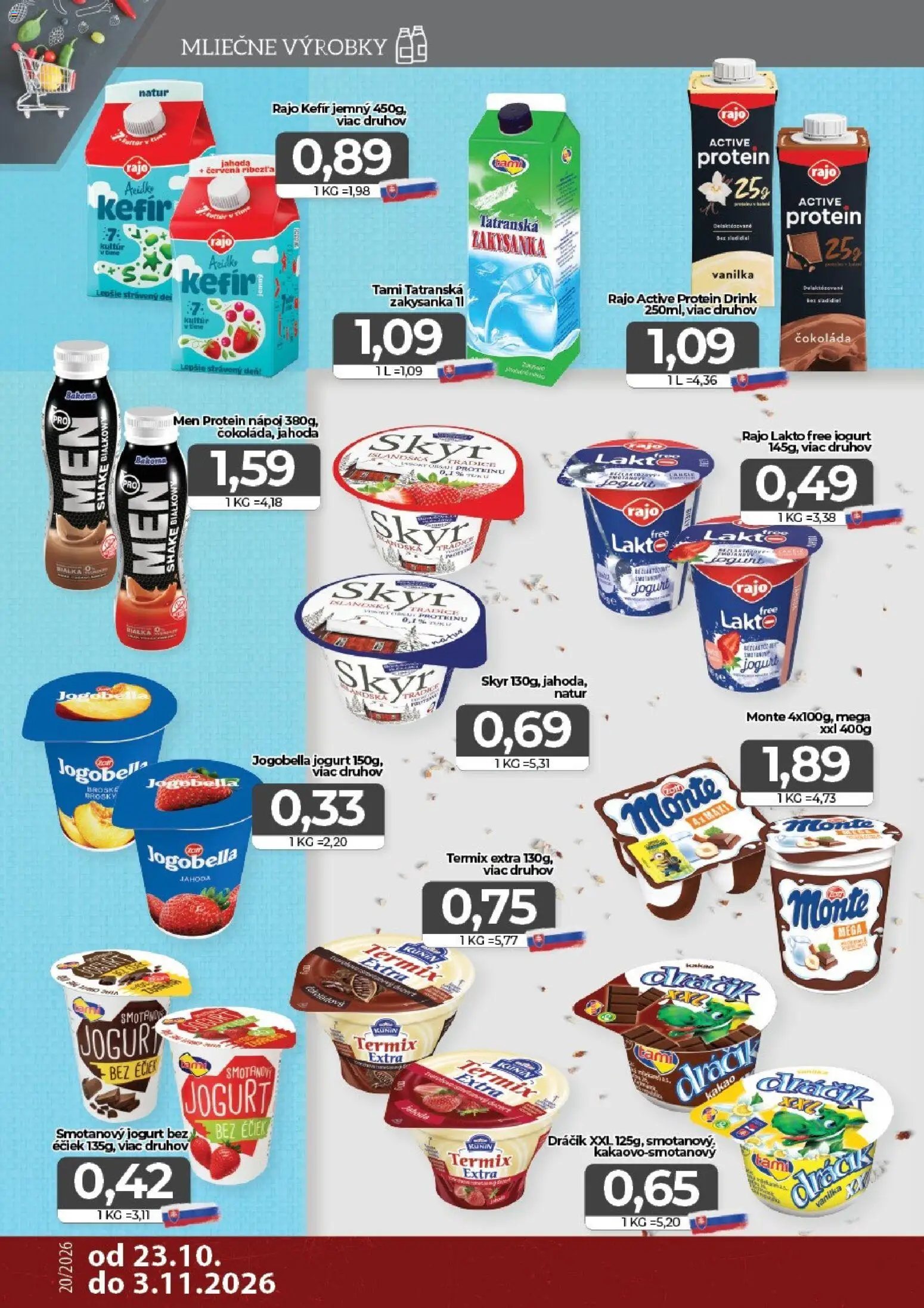 Náhľad CBA Komfos letáku platného od 23.10.2026 - Protein, Čokoláda, Kefír, Skyr, Kakao, Jogurt, Termix, Smotanový jogurt