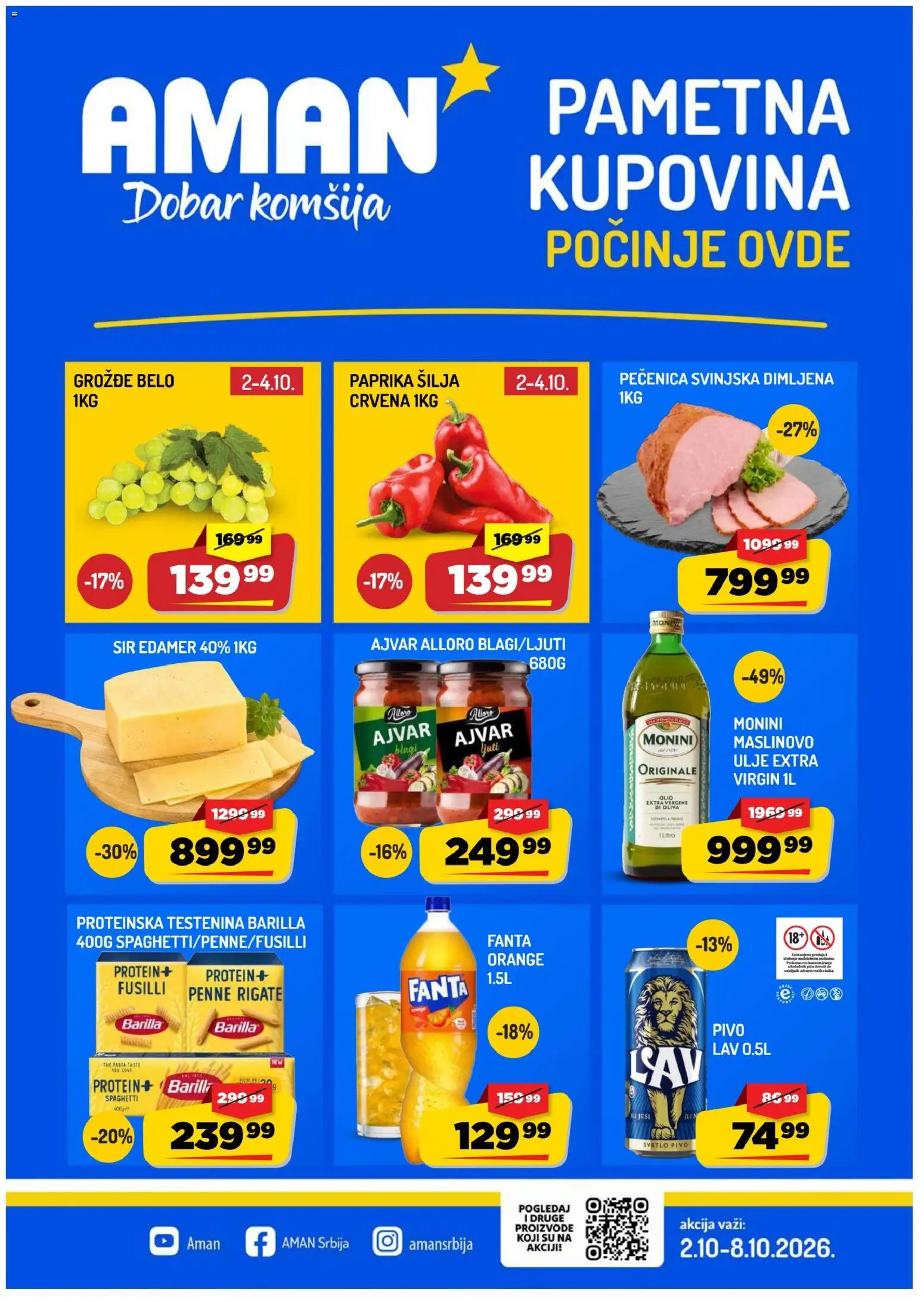 Pregled Aman kataloga - važi od 02.10.2026 - Pasta, Ajvar, Pivo, Fanta, Sir, Testenina, Edamer, Monini