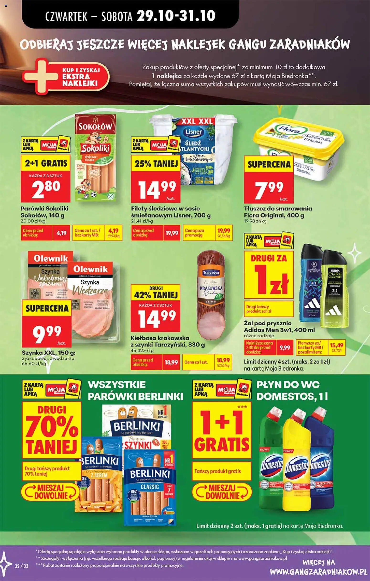 Pogląd gazetki "Biedronka gazetka - Gang zaradniaków" ze sklepu Biedronka ważnej od 29.10.2026 - Mięso, Omega, Śledź, Domestos, Żel pod prysznic, Berlinki, Parówki sokoliki, Filety śledziowe w sosie śmietanowym