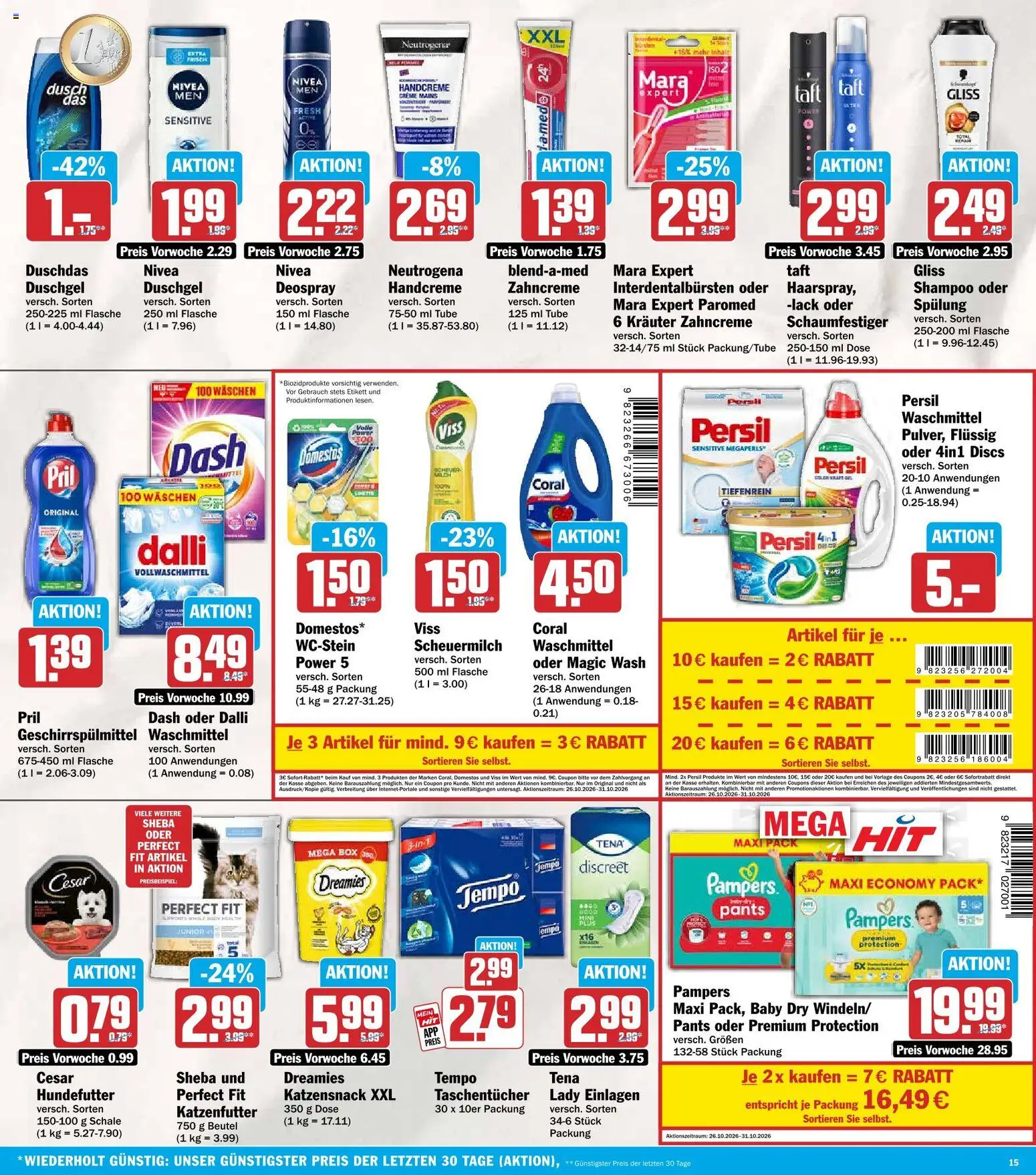 Vorschau von dem Prospekt des Geschäftes HIT, gültig ab dem 26.10.2026 - Katzenfutter, Box, Handcreme, Duschgel, Coral, Taschentücher, Spülung, Deospray