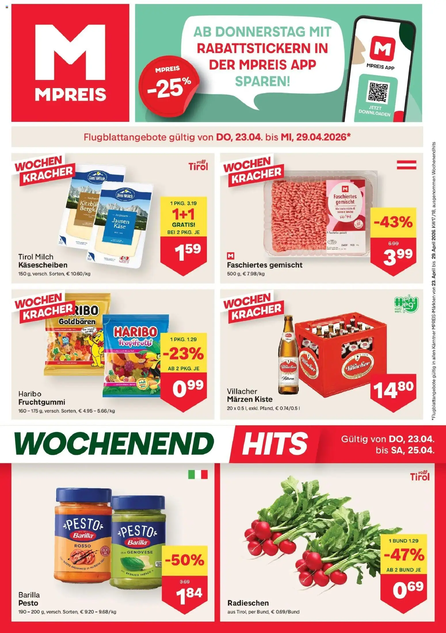 Vorschau der Angebote: MPREIS MPREIS Velden gültig ab 23.04.2026 - Milch, Käse, Barilla