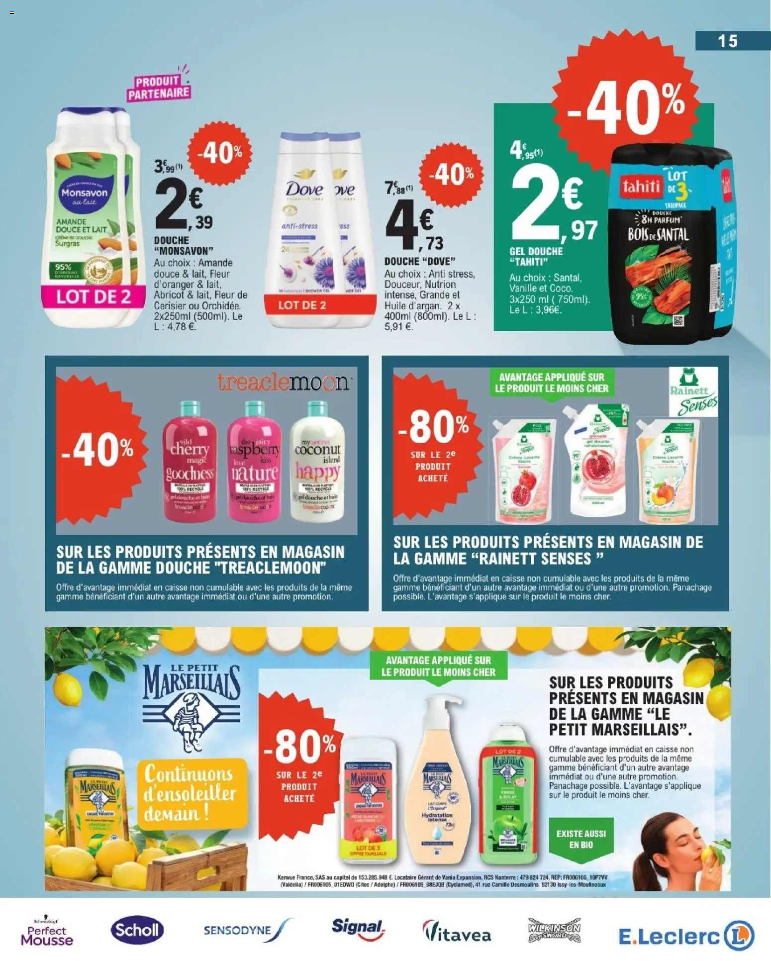 Prévisualisation de E.Leclerc Beaute automne du magasin E.Leclerc formulaire valide 01/09/2026 - Gel douche, Amande, Thé, Vanille, Crème, Huile, Scholl, Juicy