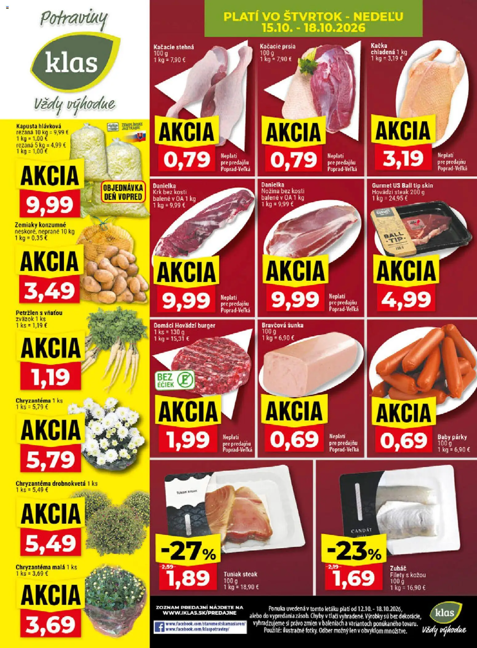 Náhľad Klas letáku platného od 12.10.2026 - Steak, Kapusta, Tuniak, Zemiaky, Kačacie stehná, Šunka, Párky, Stehná