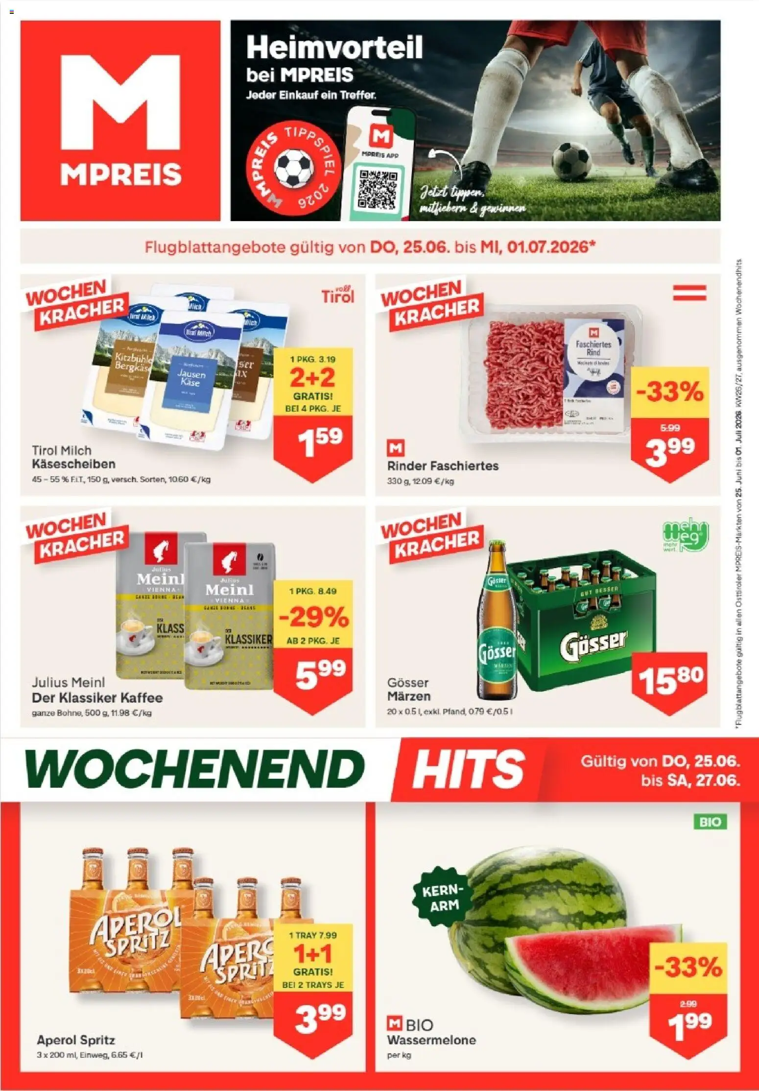 Vorschau der Angebote: MPREIS MPREIS Anras gültig ab 25.06.2026 - Kaffee, Aperol, Milch, Käse, Wassermelone