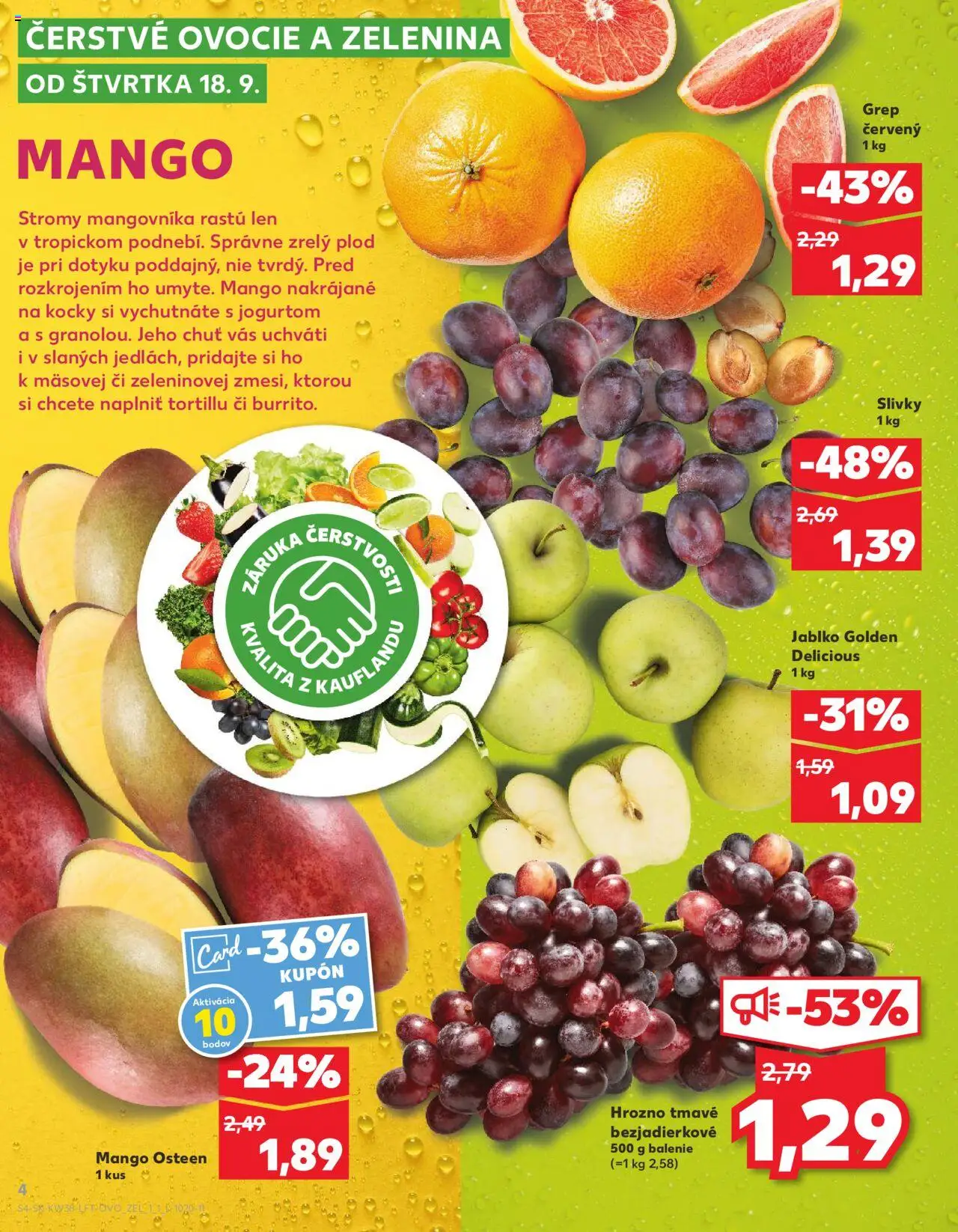 Náhľad Kaufland letáku platného od 18.09.2025 - Mango, Ovocie, Hrozno, Slivky, Grep