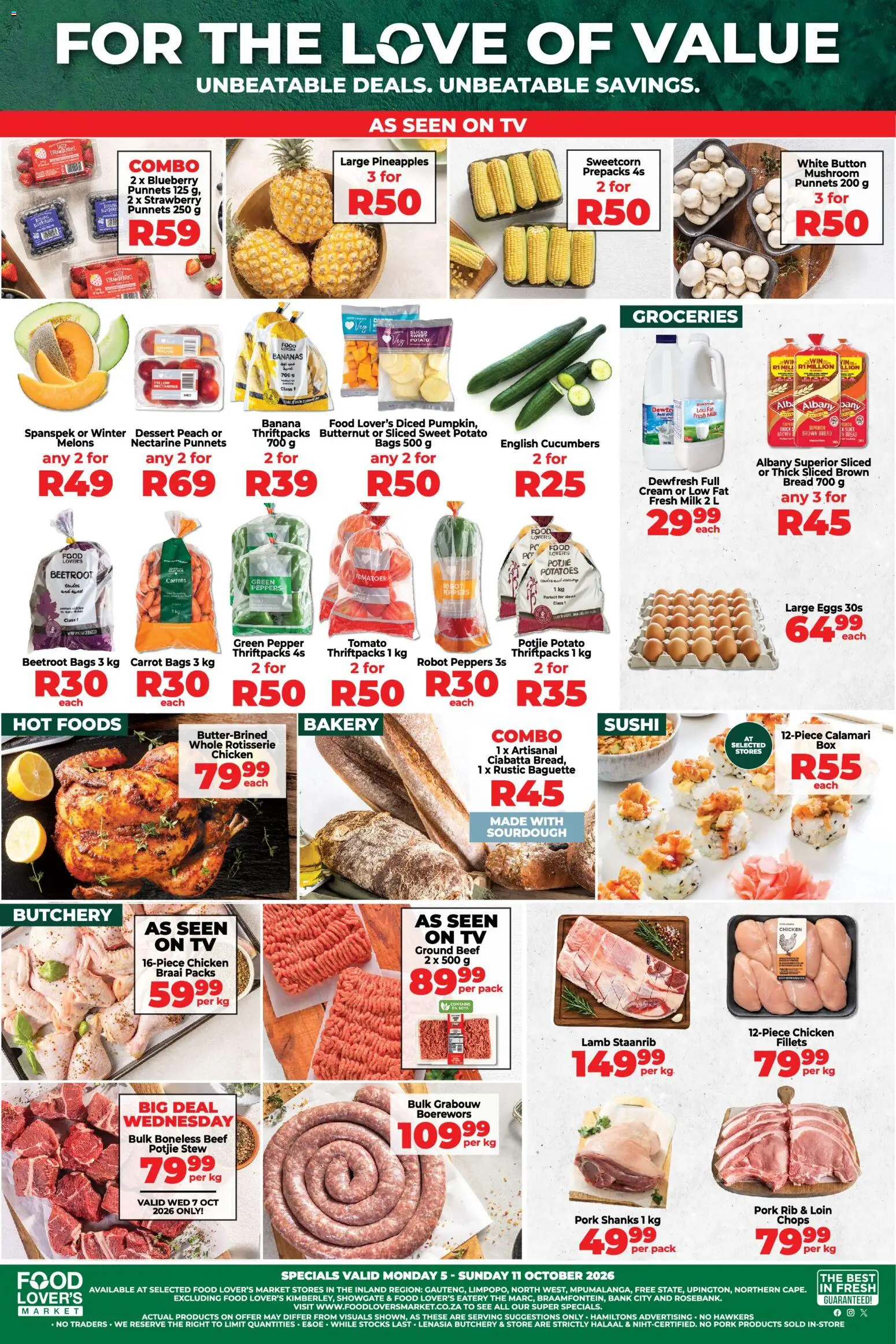 Preview of Food Lover's Market flyer valid from 05/10/2026 - TV, Bakery, Bananas, Potatoes, Cucumbers, Carrots, Beef, Baguette