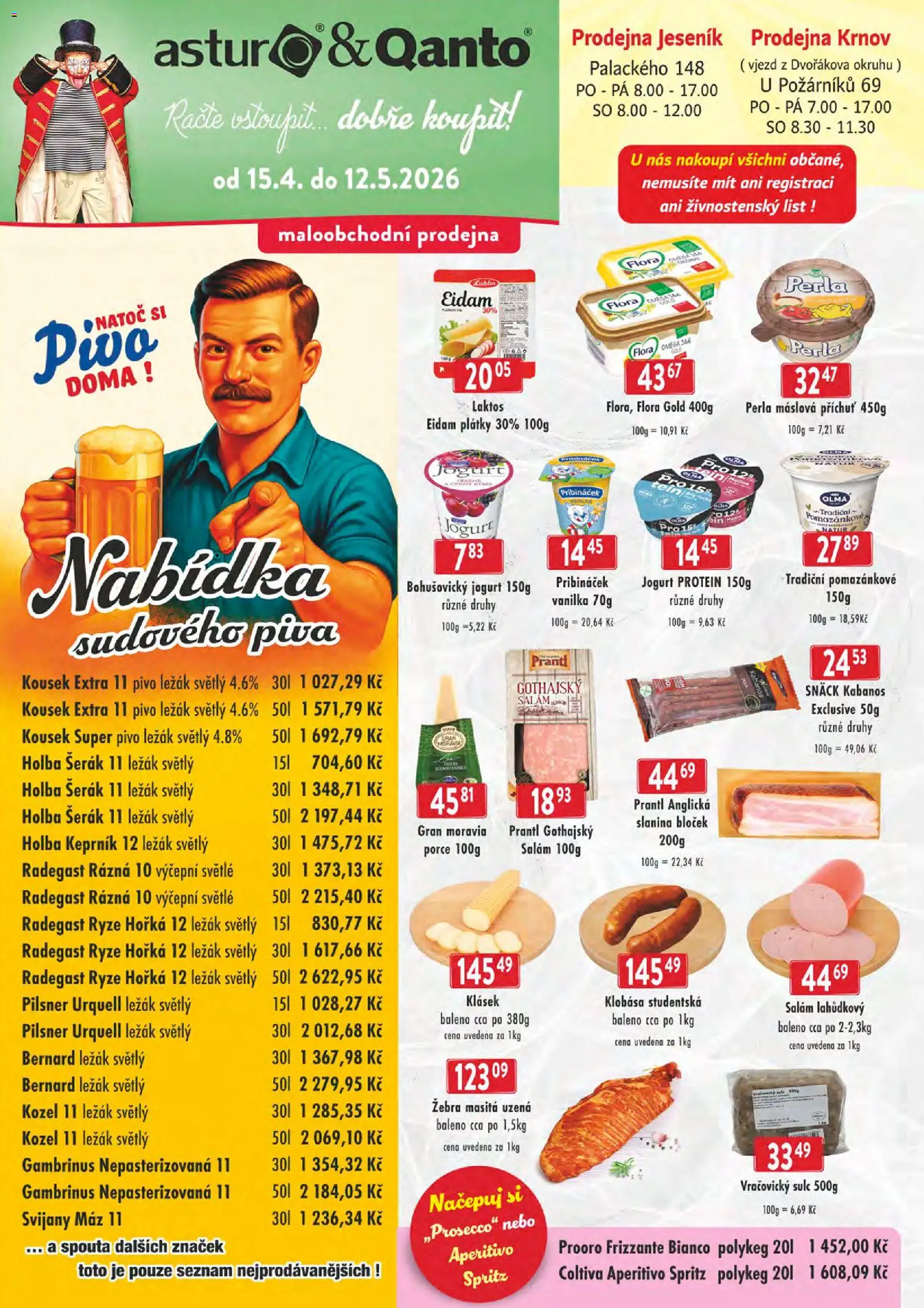 Náhled nabídky: Astur & Qanto Astur & Qanto leták - cash&carry Jeseník, Krnov platný od 15.04.2026 - Flora, Radegast, Kozel, Svijany, Bernard, Šerák, Aperitivo, Radegast Ryze Hořká 12