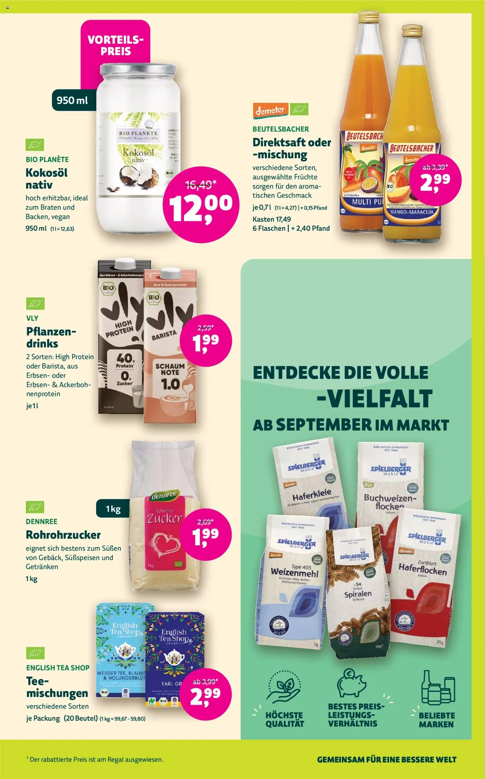 Vorschau von dem Prospekt des Geschäftes Denns BioMarkt, gültig ab dem 09.09.2026 - Tee, Regal, Zucker, Mühle, Erbsen, Weizenmehl, Flocken