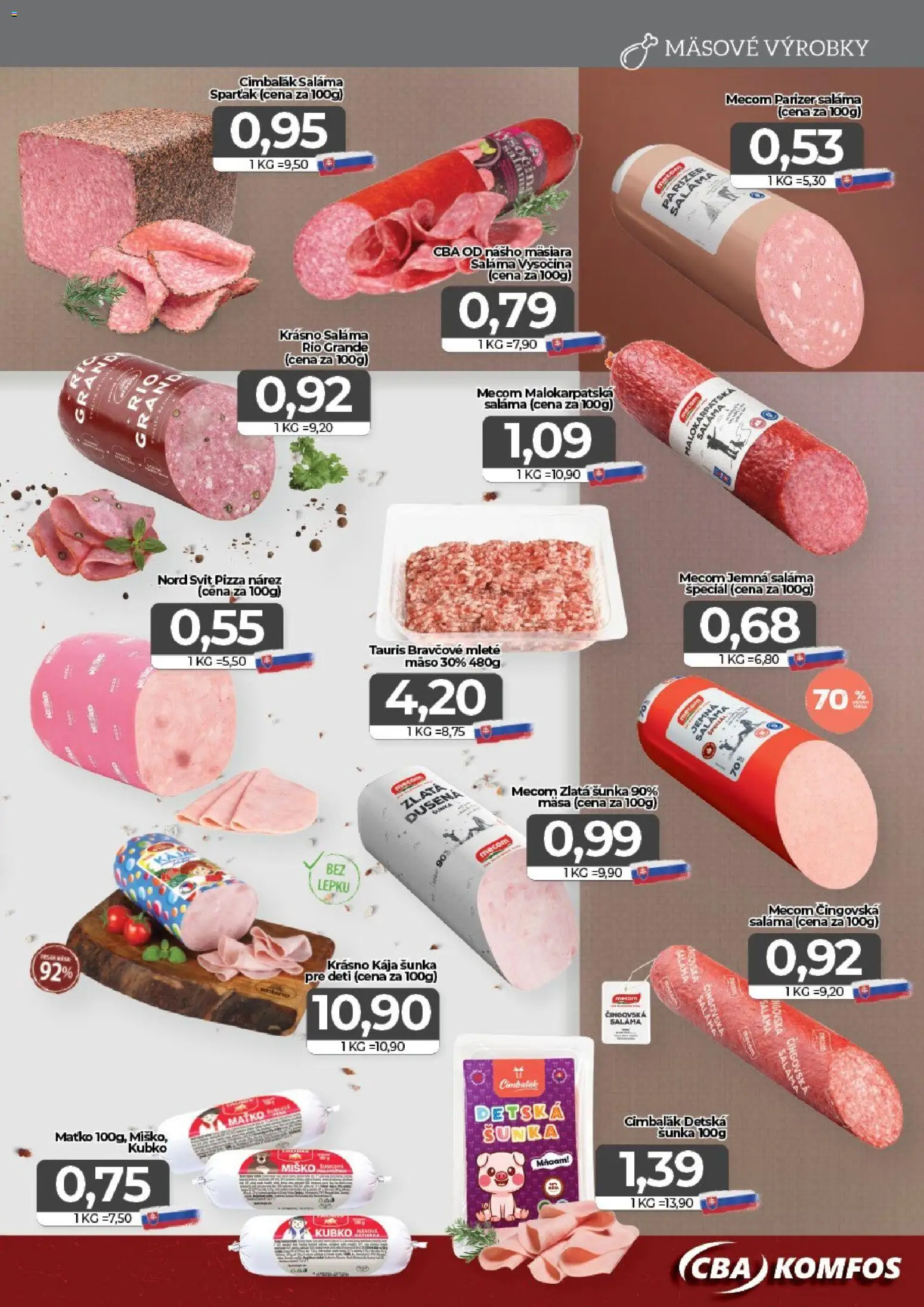 Náhľad CBA Komfos letáku platného od 23.10.2026 - Pizza, Mäso, Šunka, Mleté mäso, Saláma