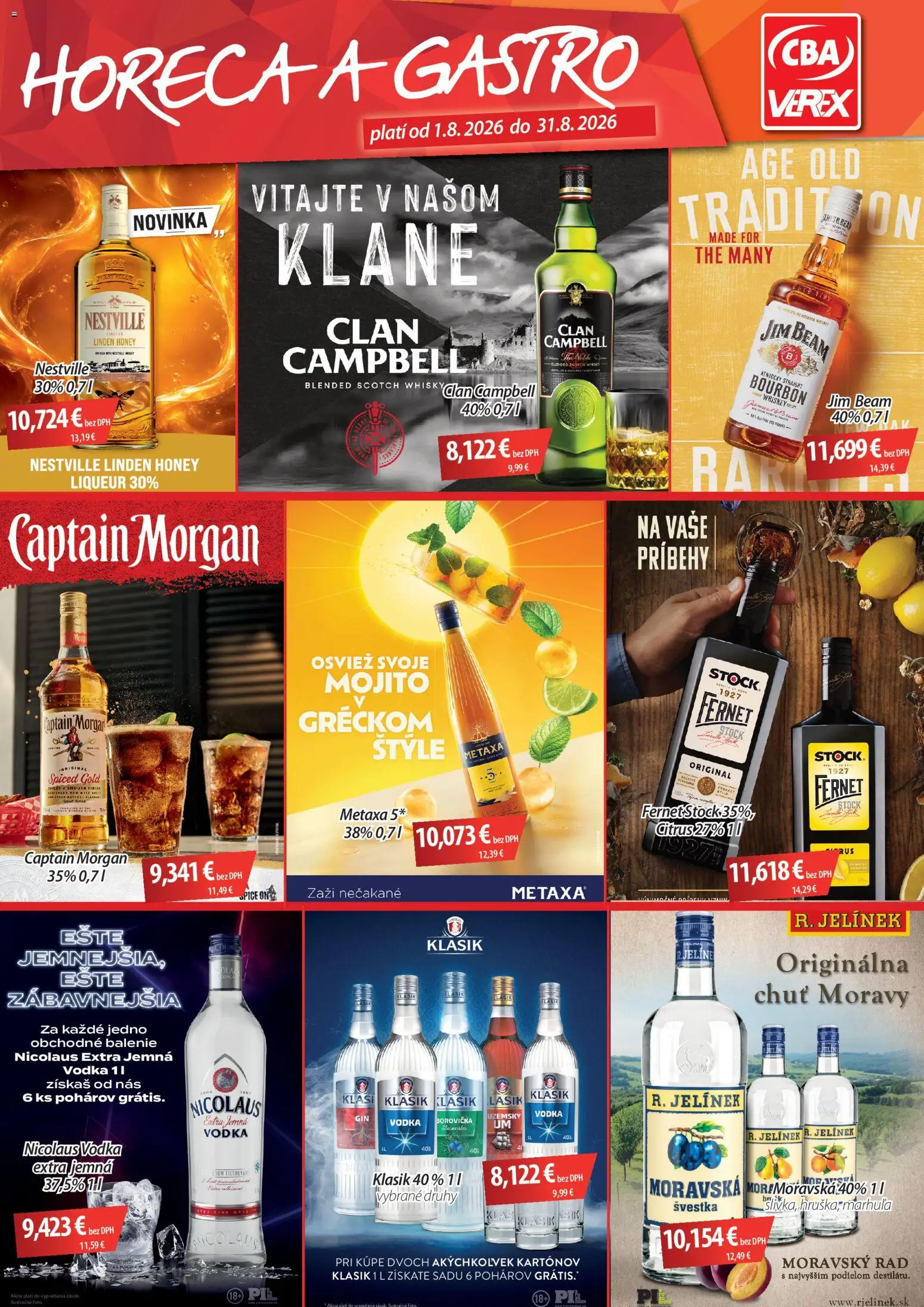 Náhľad CBA Verex letáku platného od 01.08.2026 - Vodka, Captain Morgan, Whisky, Nicolaus vodka, Metaxa, Jim Beam, Fernet, Fernet Stock