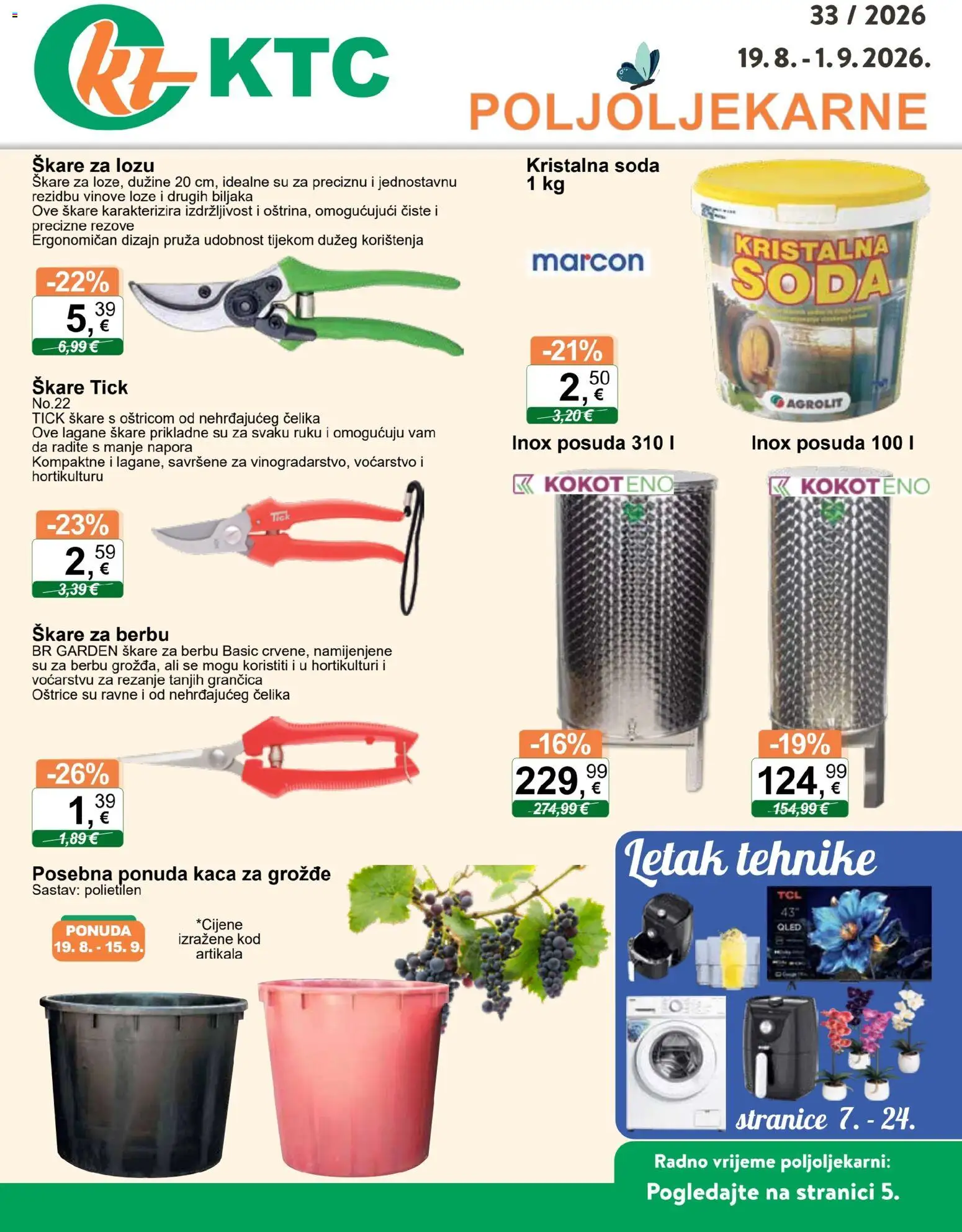 Pregled letka KTC Katalog poljoljekarni trgovine KTC vrijedi od 19.08.2026 - Grožđe, Škare, Kaca
