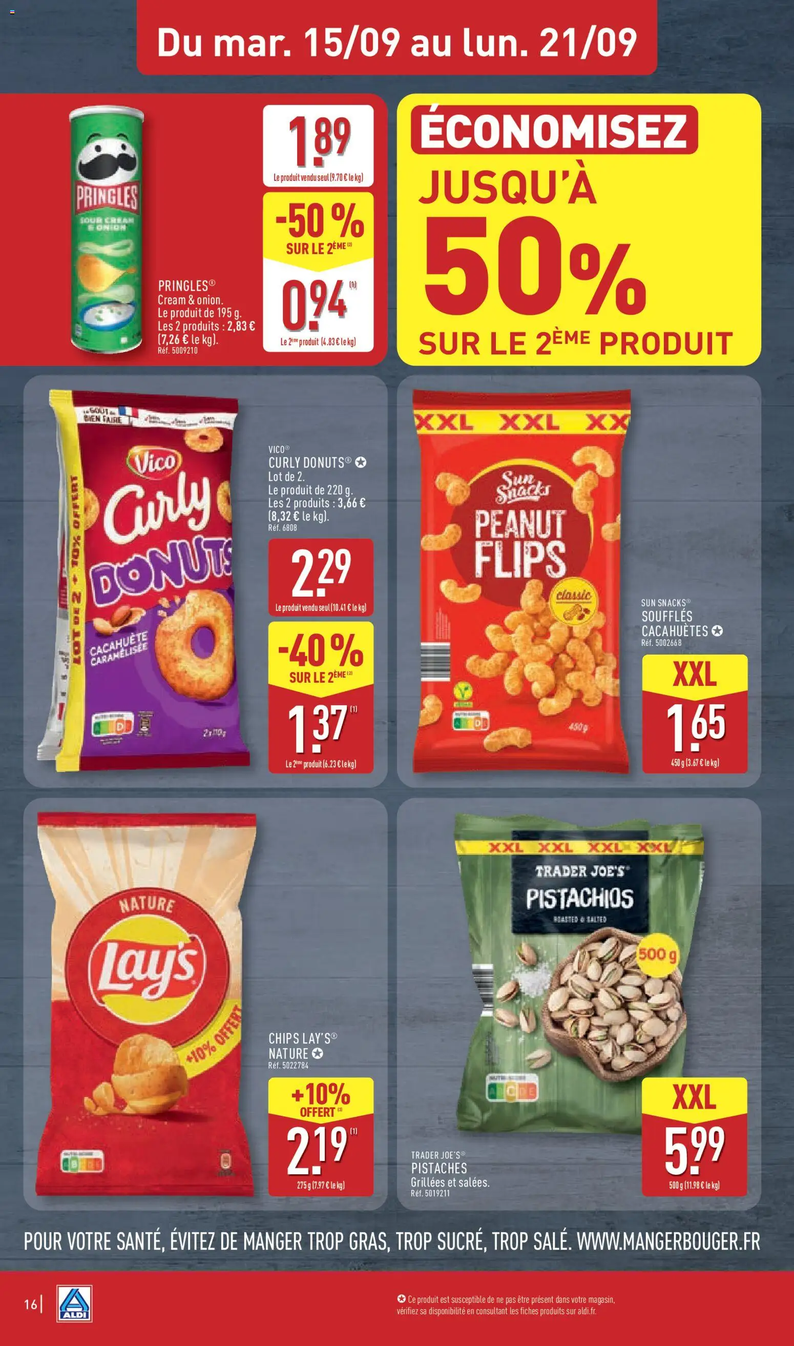 Prévisualisation de Aldi catalogue du magasin Aldi formulaire valide 15/09/2026 - Snacks, Cacahuète, Cacahuètes, Chips, Pringles, Pistaches