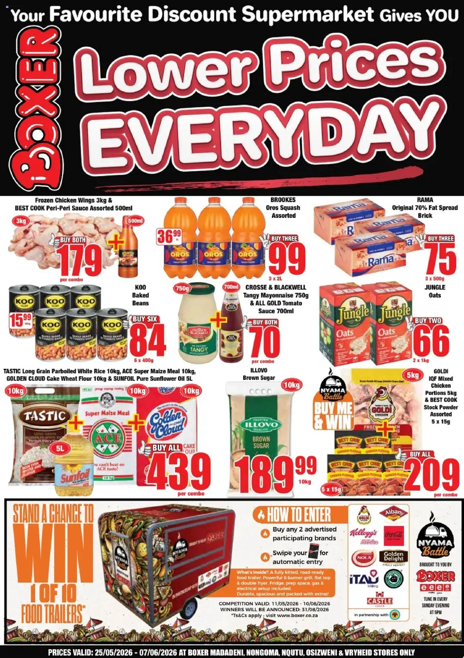 Preview of Boxer flyer valid from 25/05/2026 - Cake, Oil, Beans, Maize meal, Baked beans, Chicken wings, Sauce, Frozen chicken