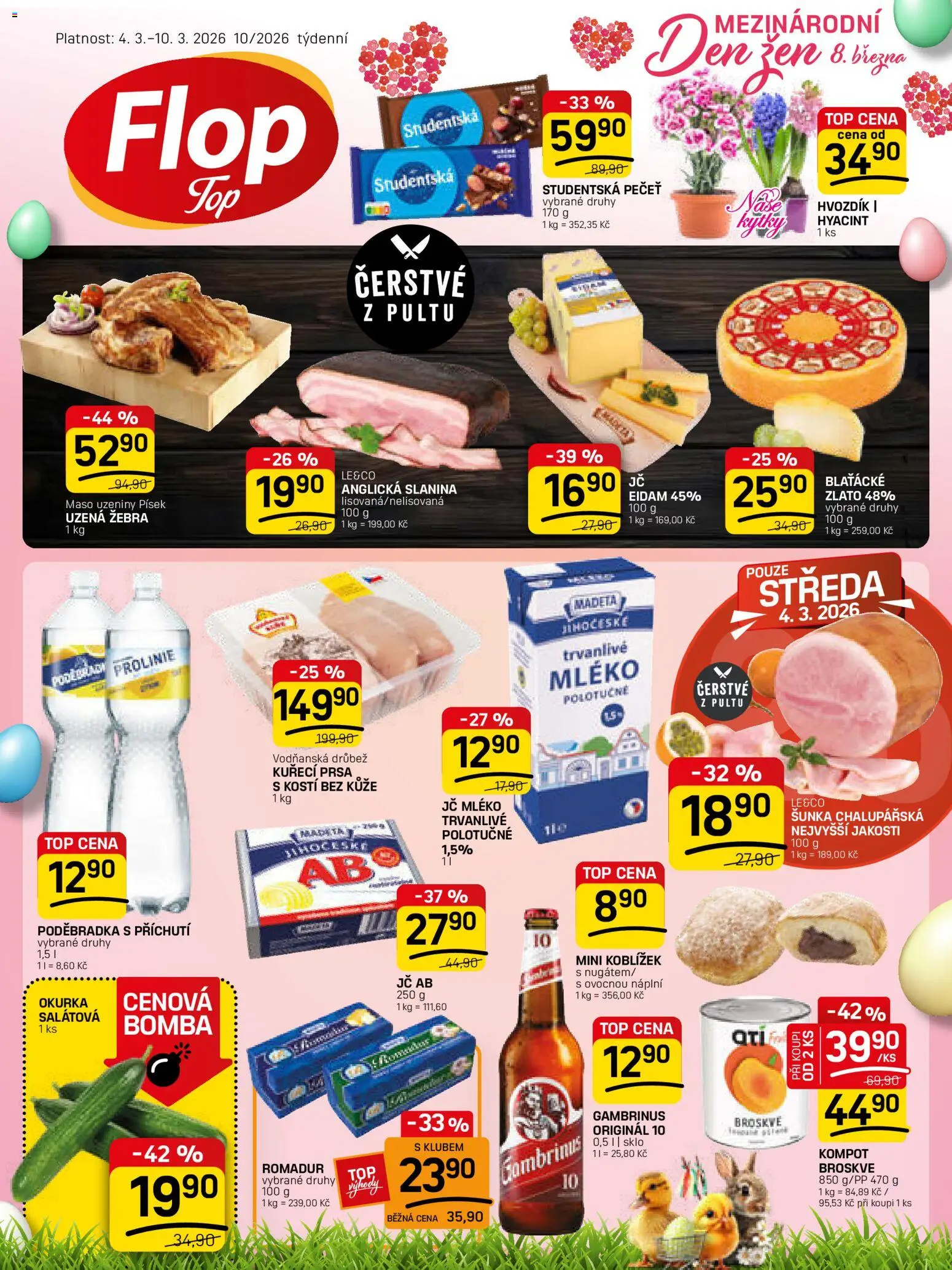 Náhled nabídky: Flop Flop leták - FlopTop platný od 04.03.2026 - Maso, Kuřecí prsa, Šunka, Studentská pečeť, Kompot, Uzeniny, Broskve, Prolinie