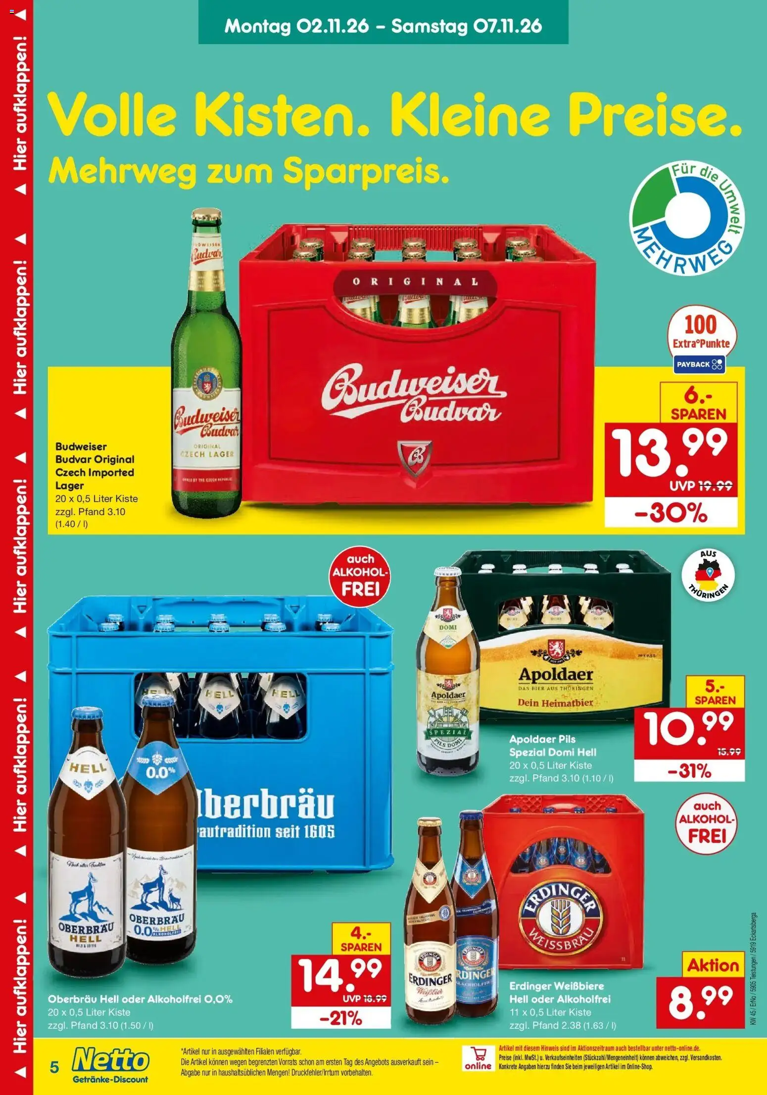 Vorschau von dem Prospekt des Geschäftes Netto Marken-Discount, gültig ab dem 02.11.2026 - Bier, Alkohol, Budweiser, Erdinger, Pils