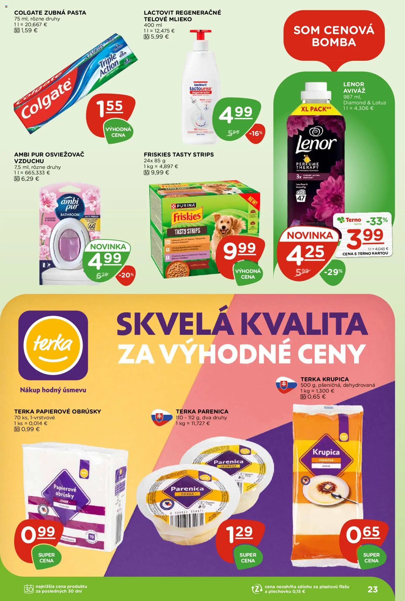 Náhľad Terno letáku platného od 22.10.2026 - Mlieko, Krupica, Lactovit, Lenor, Aviváž, Zubná pasta, Friskies, Telové mlieko