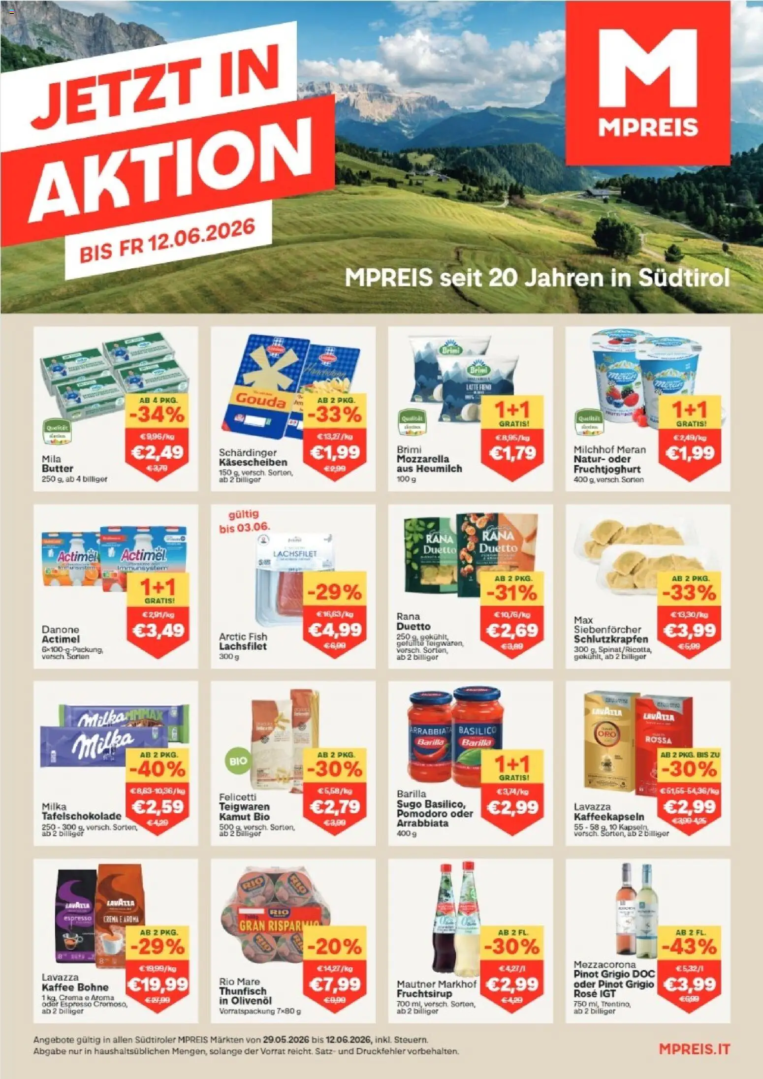 Vorschau der Angebote: MPREIS MPREIS Algund gültig ab 30.05.2026 - Kaffee, Butter, Barilla, Lachsfilet, Bohne