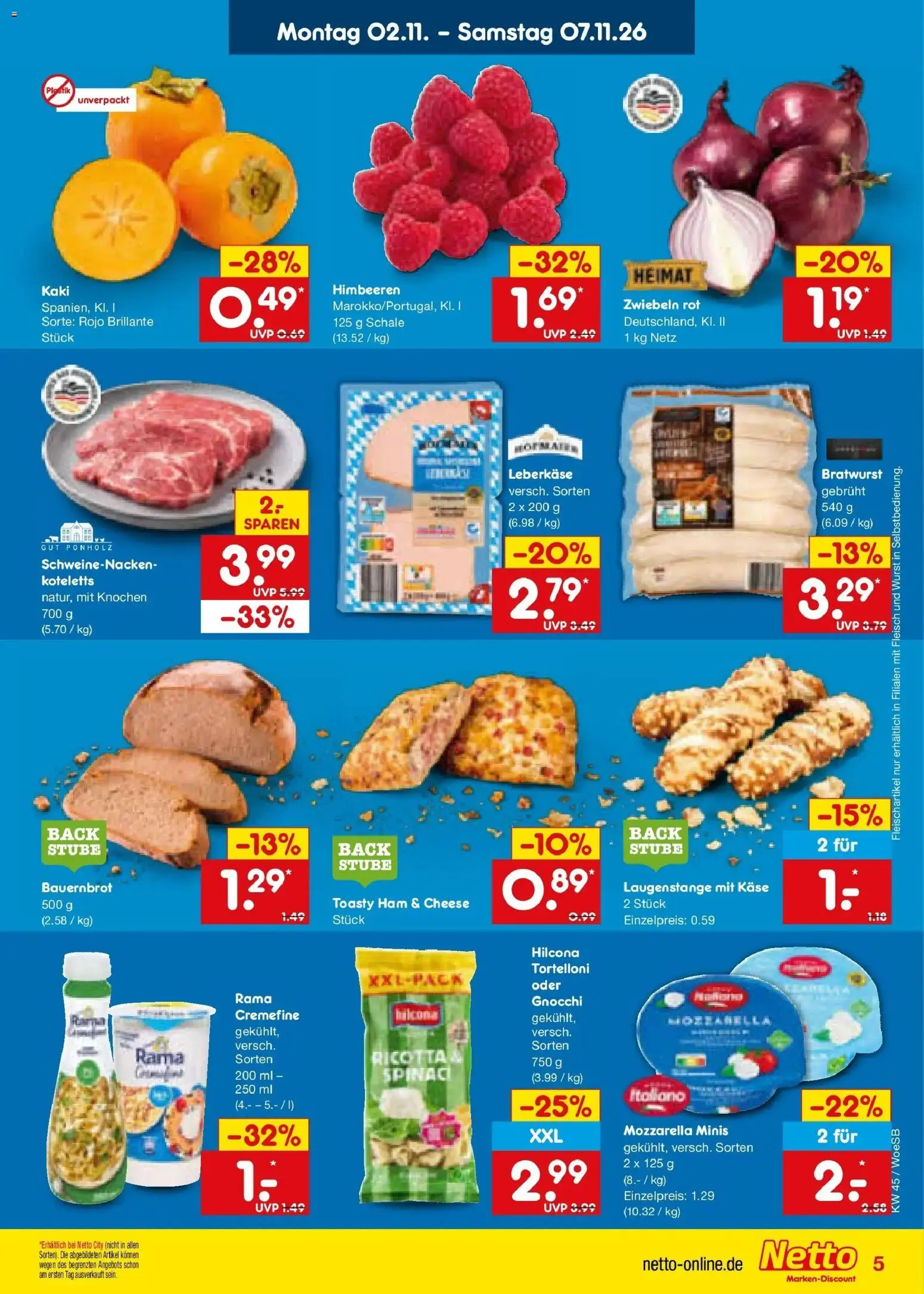 Vorschau von dem Prospekt des Geschäftes Netto Marken-Discount, gültig ab dem 02.11.2026 - Käse, Gnocchi, Wurst, Bratwurst, Himbeeren, Mozzarella, Kaki, Fleisch