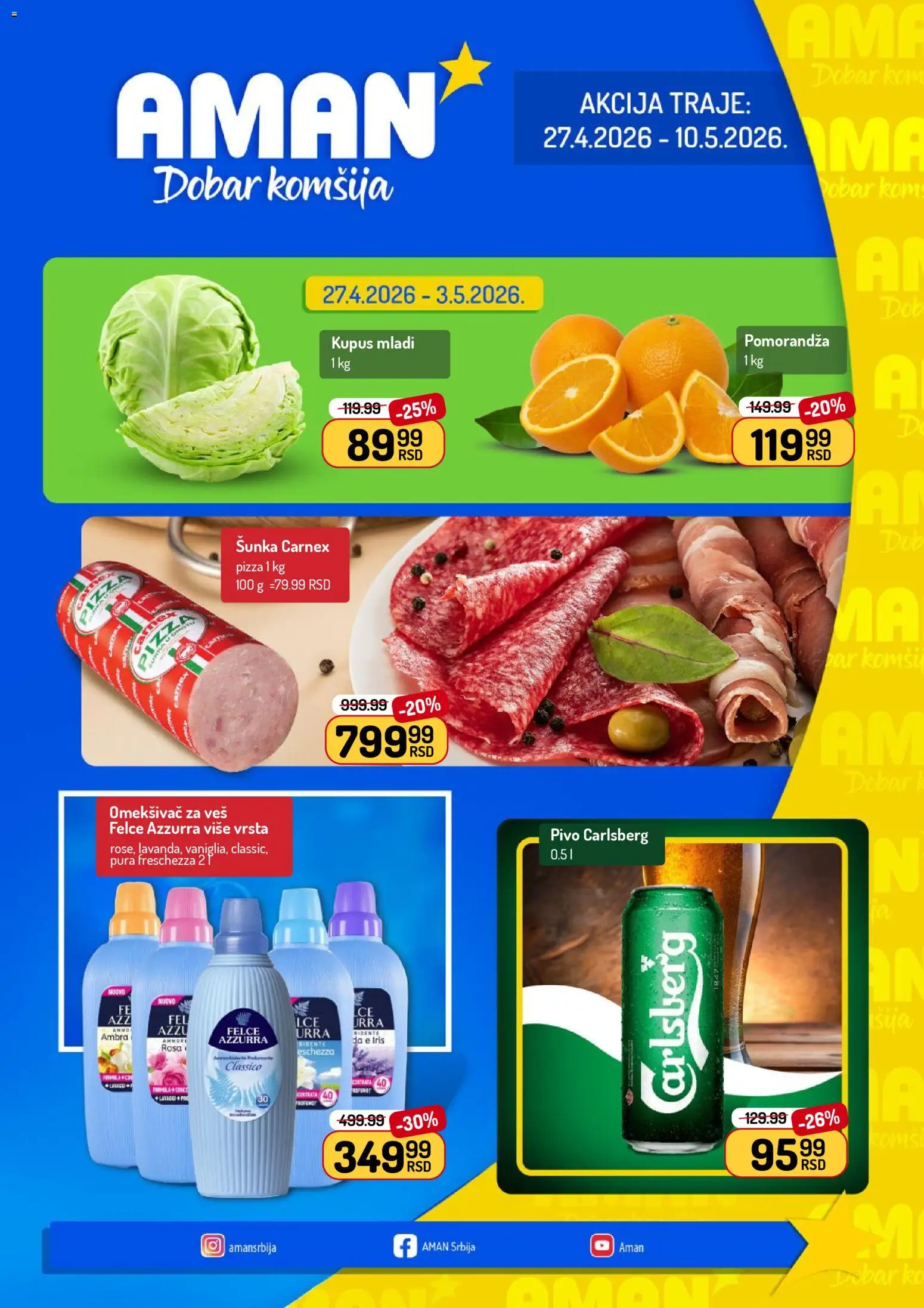 Pregled Aman kataloga - važi od 27.04.2026 - Pivo, Kupus, Carlsberg, Šunka, Felce azzurra, Pomorandza, Omekšivač, Omekšivač za veš