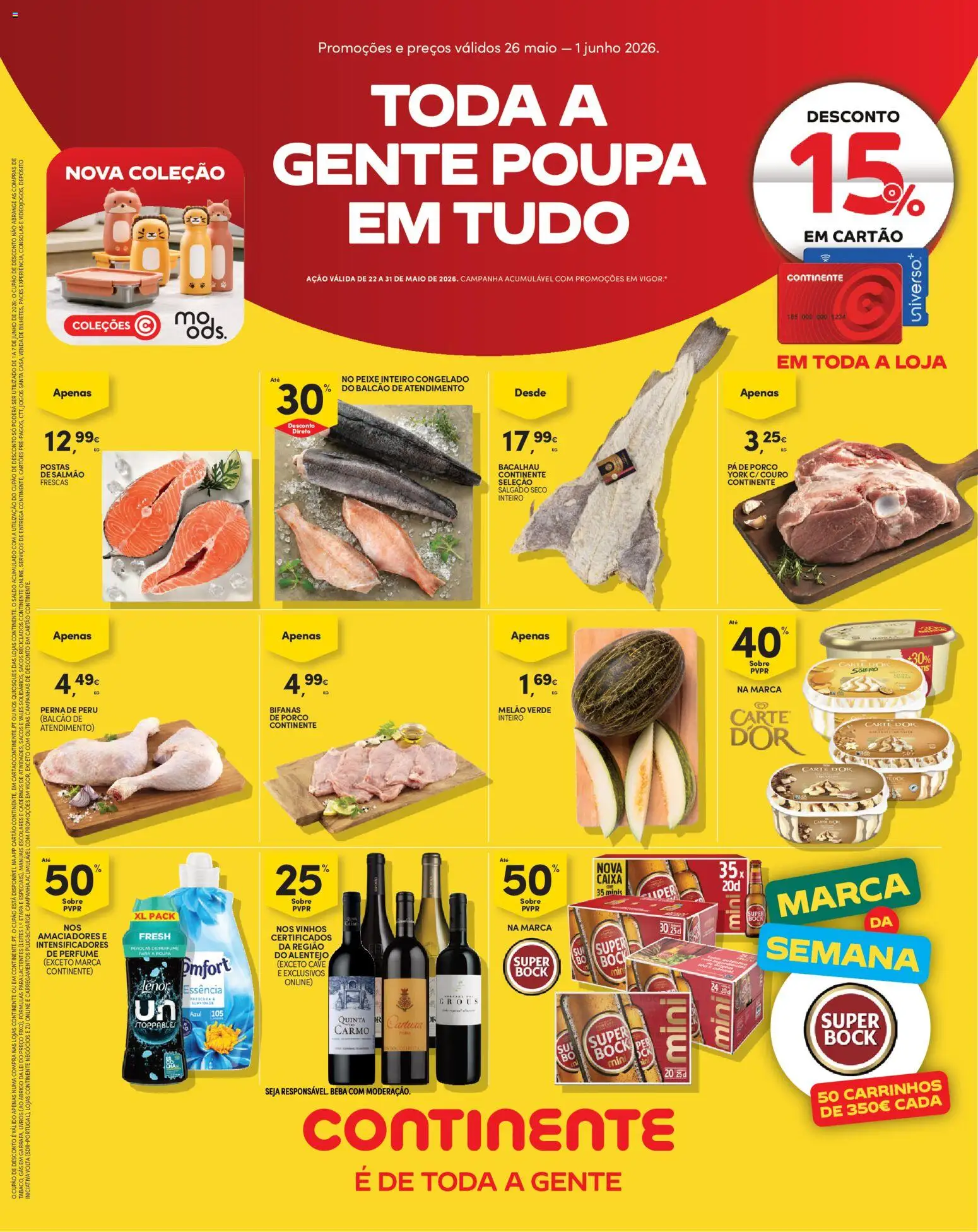 Pré-visualização do folheto da loja Continente válida a partir de 26/05/2026 - Livros, Super bock, Peixe, Pá, Cadernos, Salmão, Melão, Pá de porco