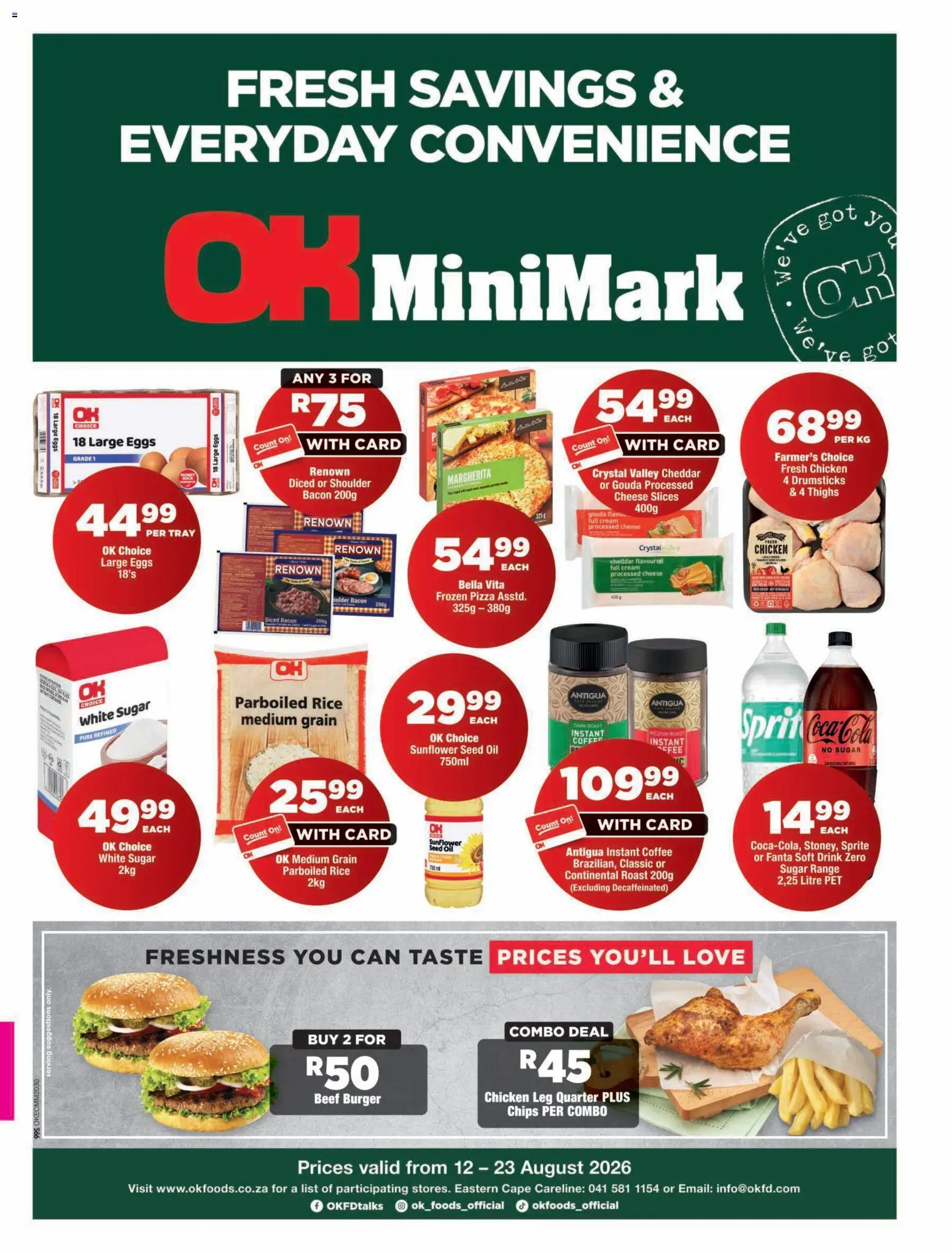 Preview of OK Foods flyer valid from 12/08/2026 - Pizza, Chicken, Eggs, Cheese, Oil, Cream, Thighs, Beef