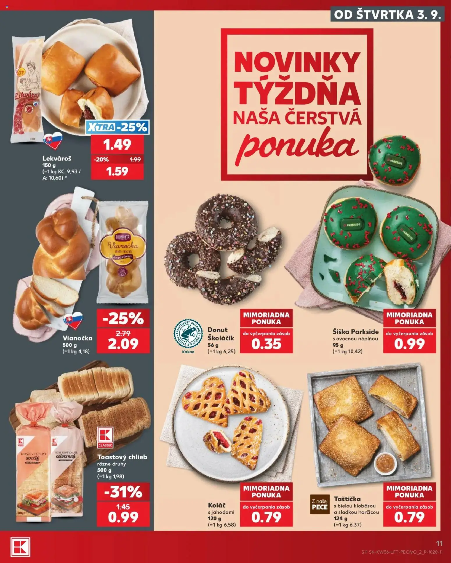Náhľad Kaufland letáku platného od 03.09.2026 - Parkside, Koláč, Chlieb, Donut, Kakao, Šiška, Vianočka, Toastový chlieb