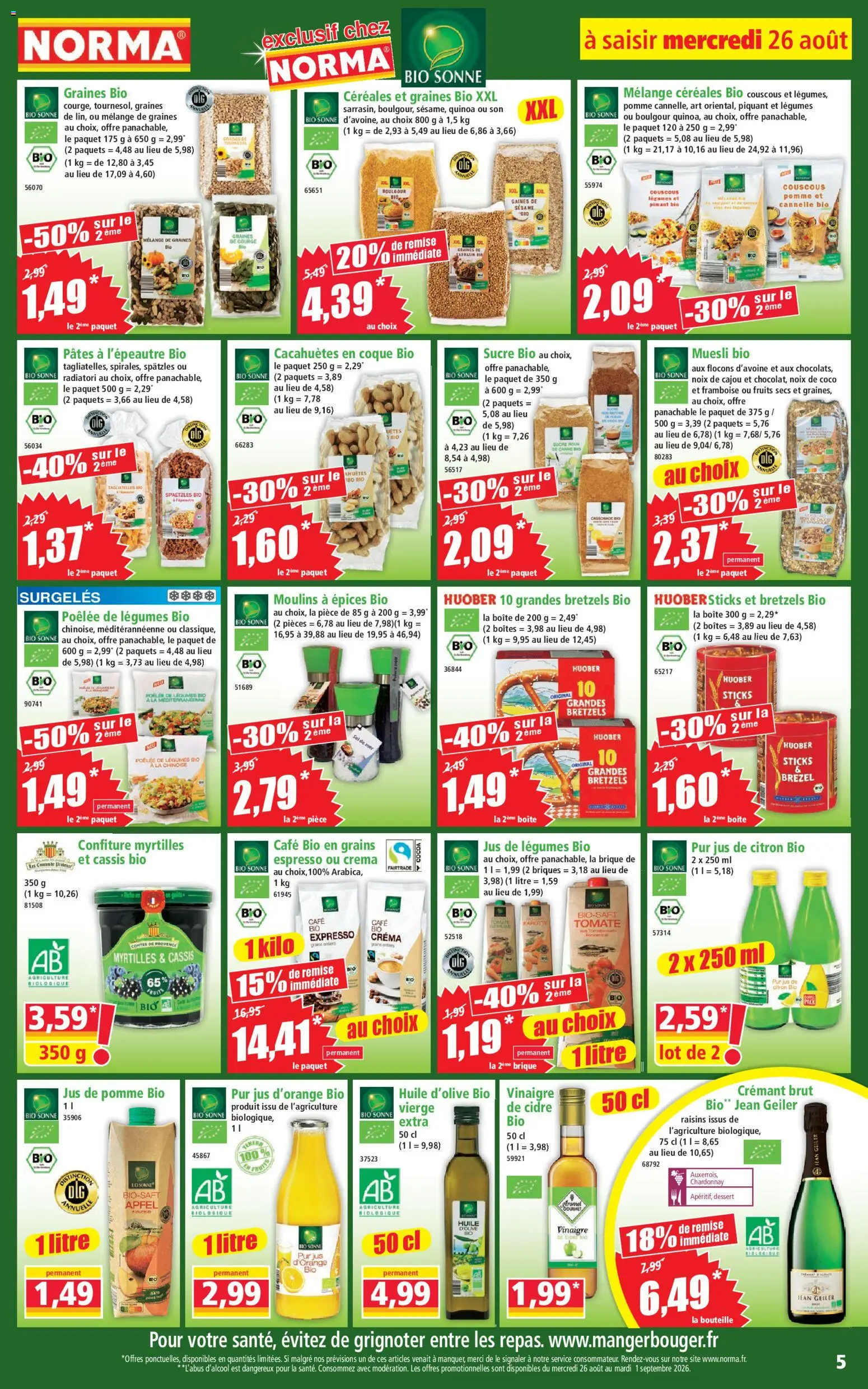 Prévisualisation de Norma catalogue du magasin Norma formulaire valide 26/08/2026 - Pomme, Cannelle, Raisins, Céréales, Briques, Sel, Noix de coco, Jus de pomme bio