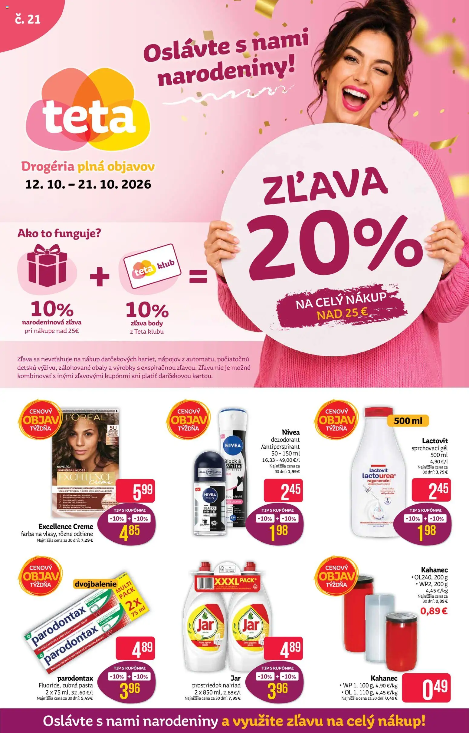 Náhľad Teta drogerie letáku platného od 12.10.2026 - Nivea, Dezodorant, Lactovit, Riad, Zubná pasta