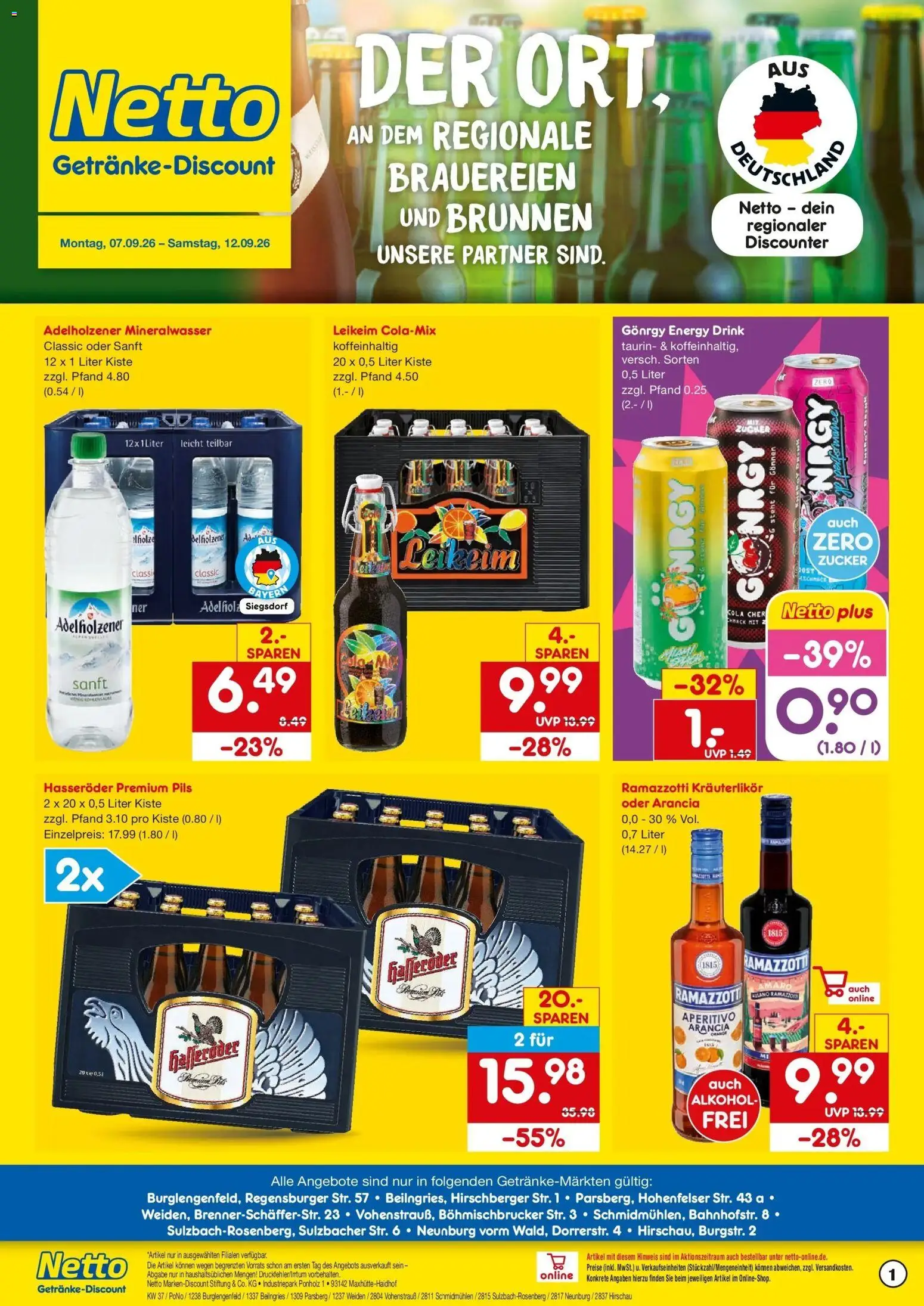 Vorschau von dem Prospekt des Geschäftes Netto Marken-Discount, gültig ab dem 07.09.2026 - Alkohol, Ramazzotti, Zucker, Energy, Adelholzener, Rama, Hasseröder, Pils