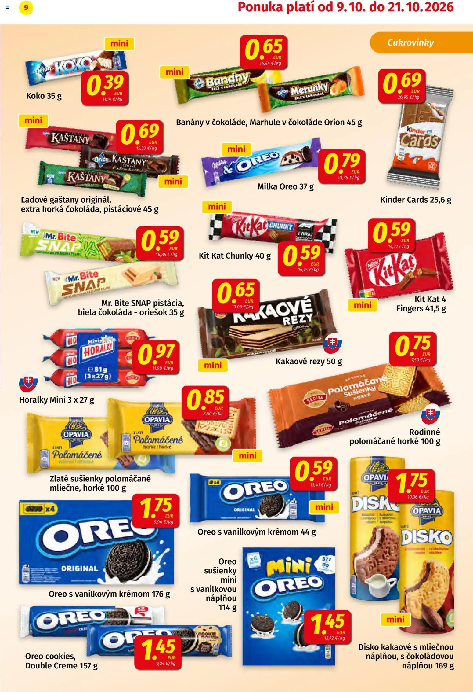 Náhľad Koruna letáku platného od 09.10.2026 - Disk, Milka, Oreo, Biela čokoláda, Sušienky, Gaštany, Banány, Horálky