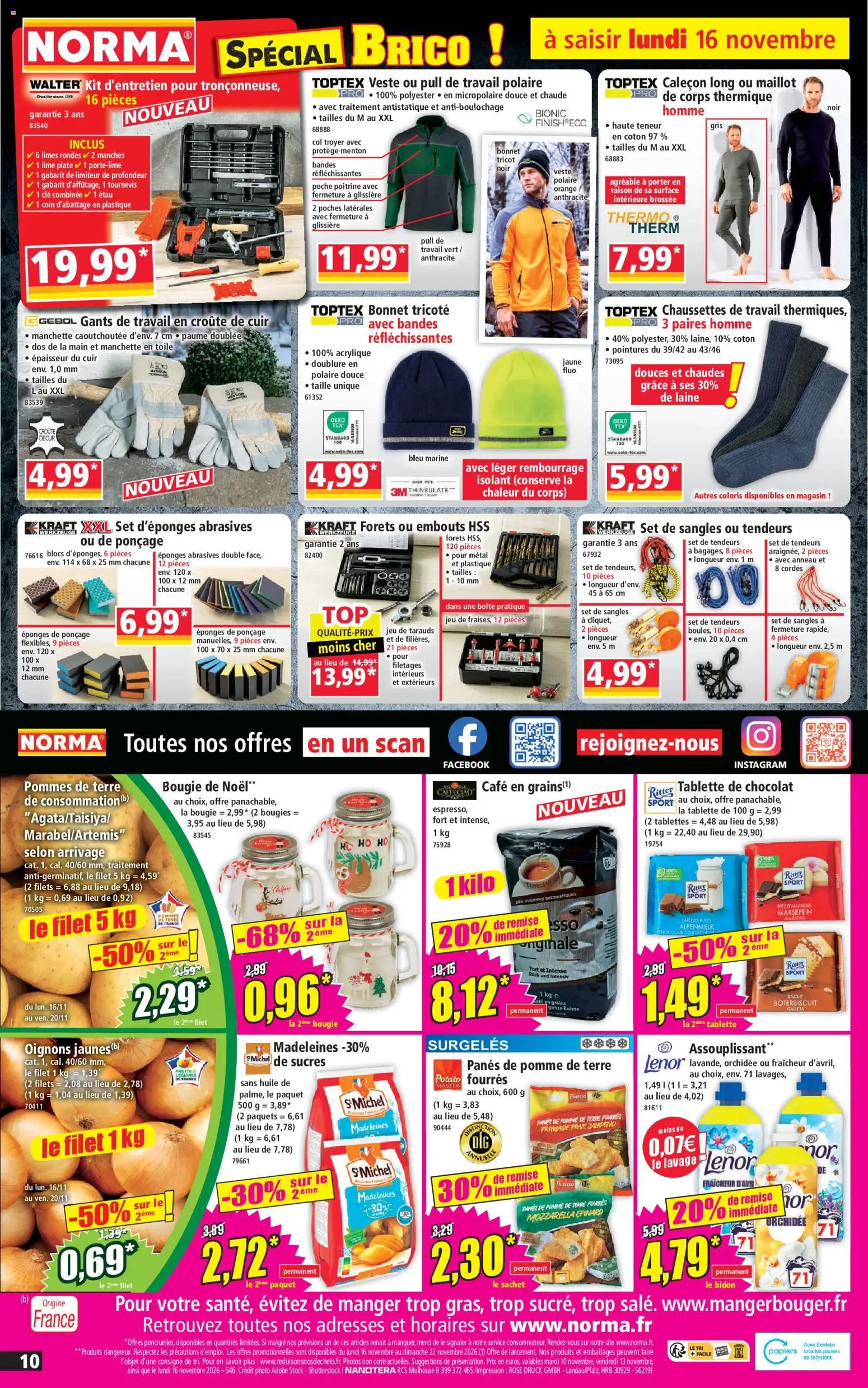 Prévisualisation de Norma catalogue du magasin Norma formulaire valide 10/11/2026 - Café, Madeleines, Pomme, Mozzarella, Chaussettes, Huile, Assouplissant, Chaussettes de travail