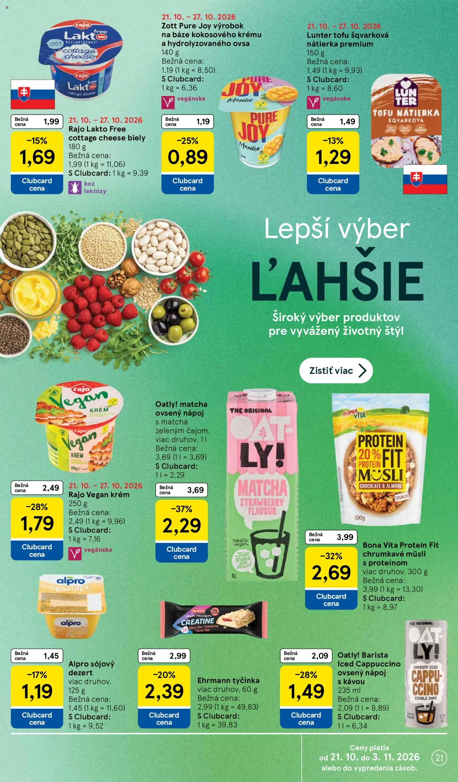 Náhľad Tesco letáku platného od 21.10.2026 - Mango, Protein, Tofu, Cappuccino, Dezert, Alpro, Krém, Müsli