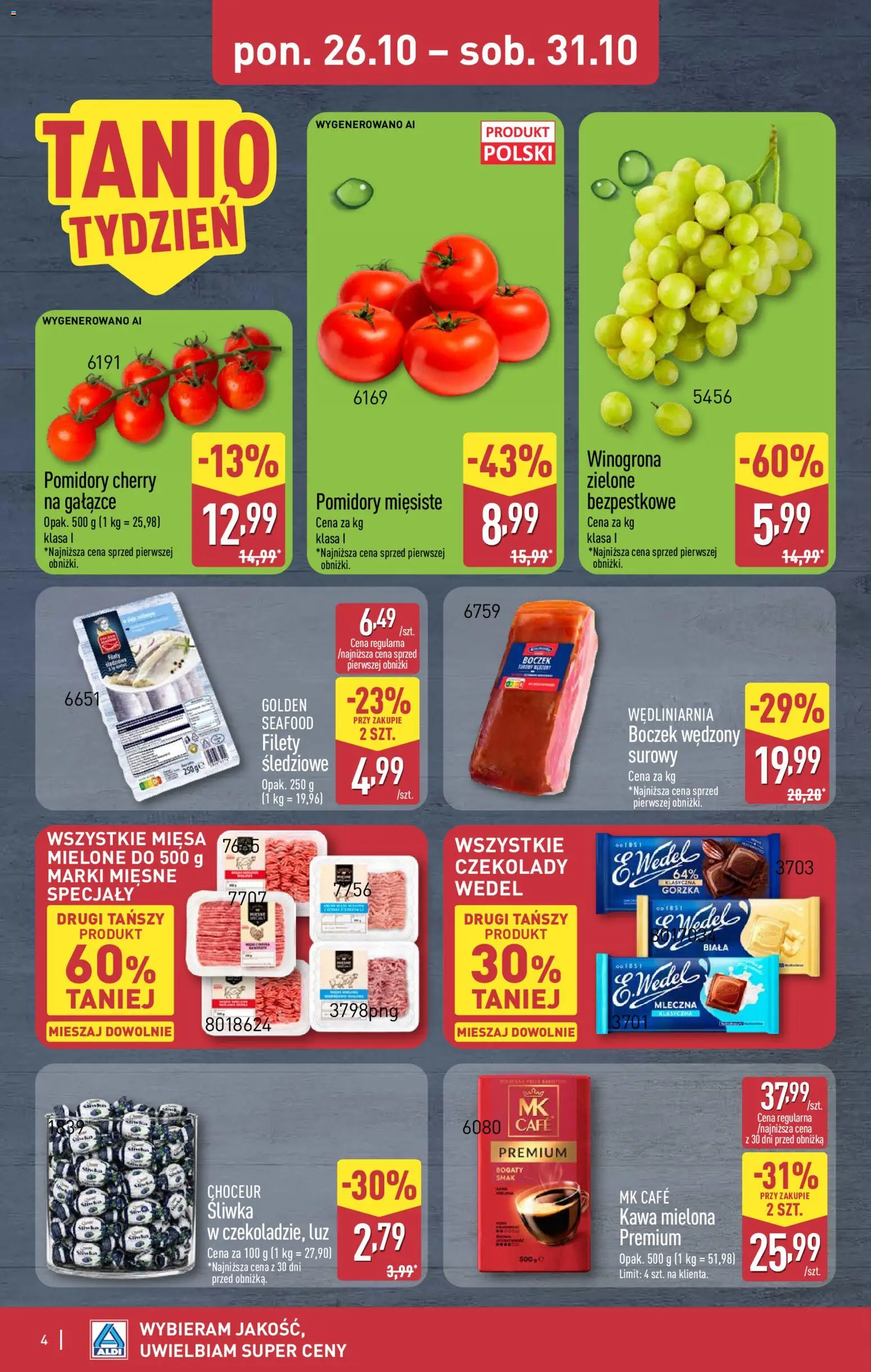 Pogląd gazetki "Aldi gazetka - Oferta weekendowa" ze sklepu Aldi ważnej od 29.10.2026 - Kawa, Czekolady, Boczek, Winogrona, Pomidory, Kawa mielona, Specjały, Boczek wędzony