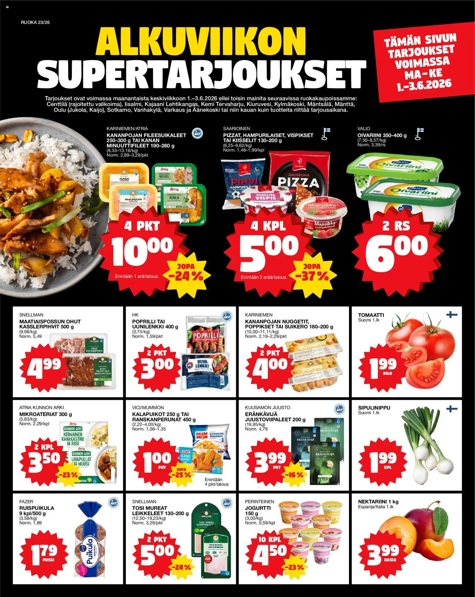 Kaupan Tokmanni Tokmanni ruokatarjoukset esikatselu, voimassa 01/06/2026 - Pizza, Jauheliha, Juusto, Hunaja, Nektariini, Kalapuikot, Jogurtti, Ranskanperunat