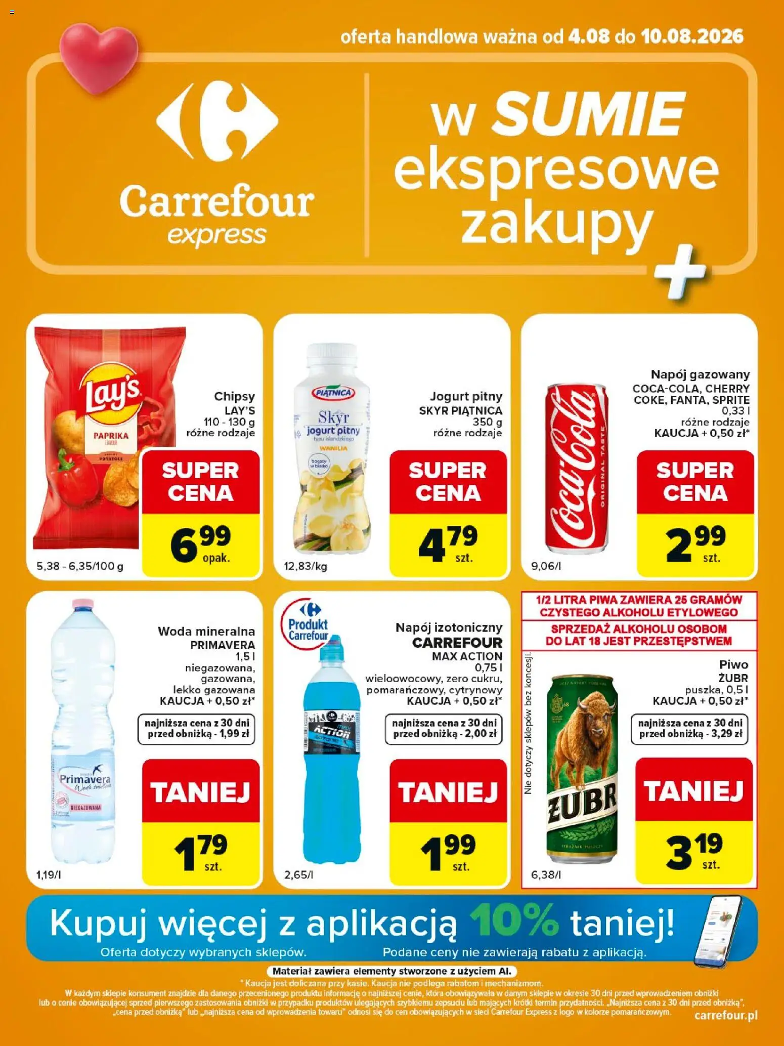 Pogląd gazetki "Carrefour gazetka - Express II" ze sklepu Carrefour ważnej od 04.08.2026 - Woda, Piwo, Chipsy, Skyr, Piątnica, Skyr piątnica, Woda mineralna, Jogurt pitny
