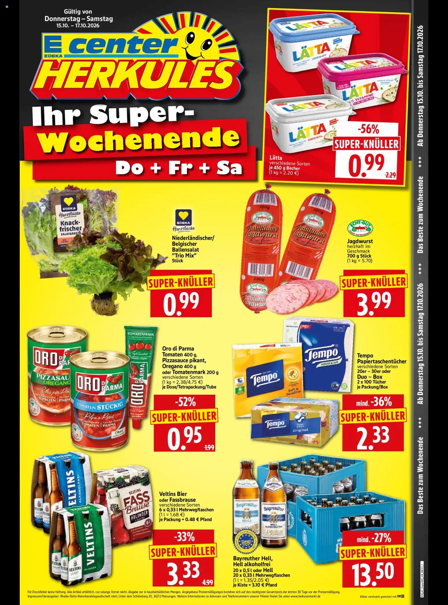 Vorschau von dem Prospekt des Geschäftes HERKULES, gültig ab dem 15.10.2026 - Bier, Joghurt, Box, Veltins, Tomaten, Tempo, Fassbrause, Oro di parma