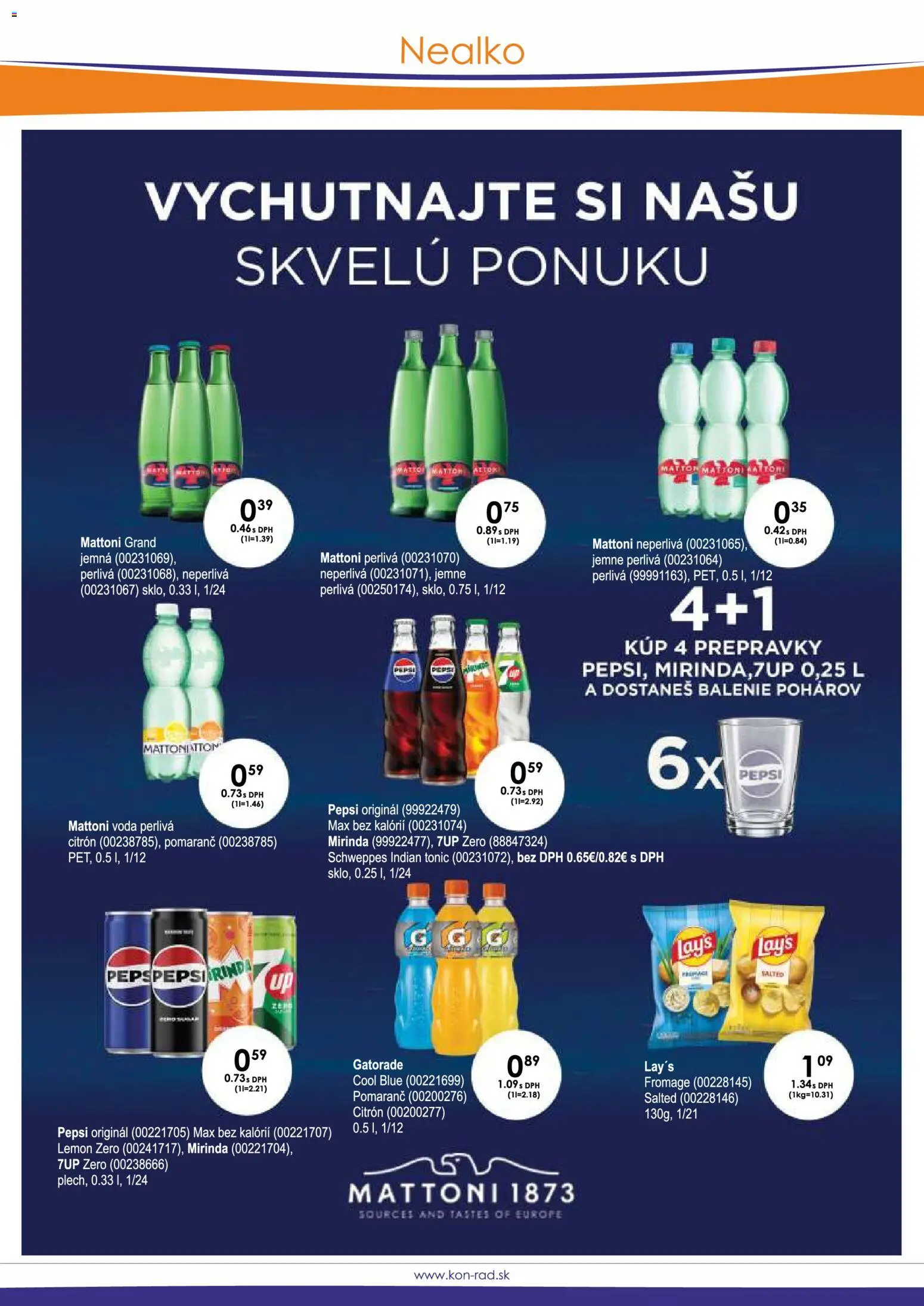 Náhľad KON - RAD letáku platného od 01.10.2026 - Voda, Pepsi, Tonic, Mattoni, Mirinda