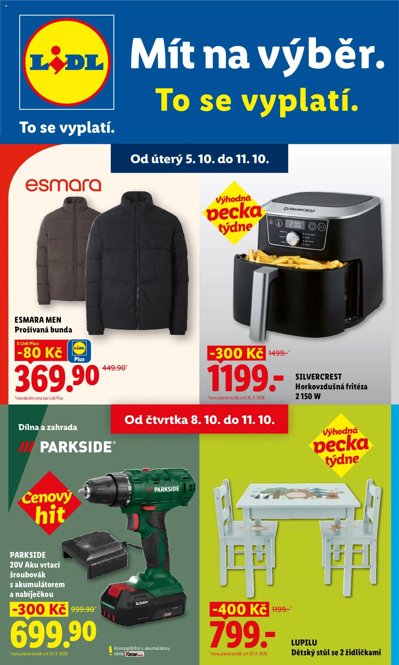 Náhled nabídky: Lidl Lidl leták - Spotřební zboží platný od 05.10.2026 - Parkside, Zahrada, Stůl, Bunda, Horkovzdušná fritéza, Fritéza, Šroubovák, Dětský stůl