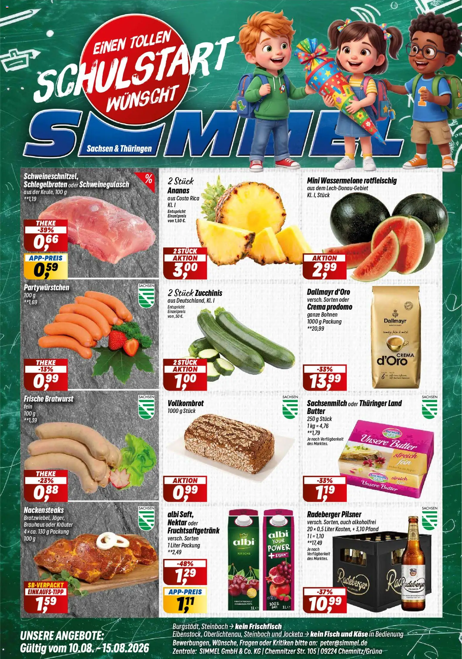 Vorschau von dem Prospekt des Geschäftes Simmel, gültig ab dem 10.08.2026 - Butter, Käse, Bratwurst, Vollkornbrot, Theke, Schweinegulasch, Radeberger pilsner, Nackensteaks
