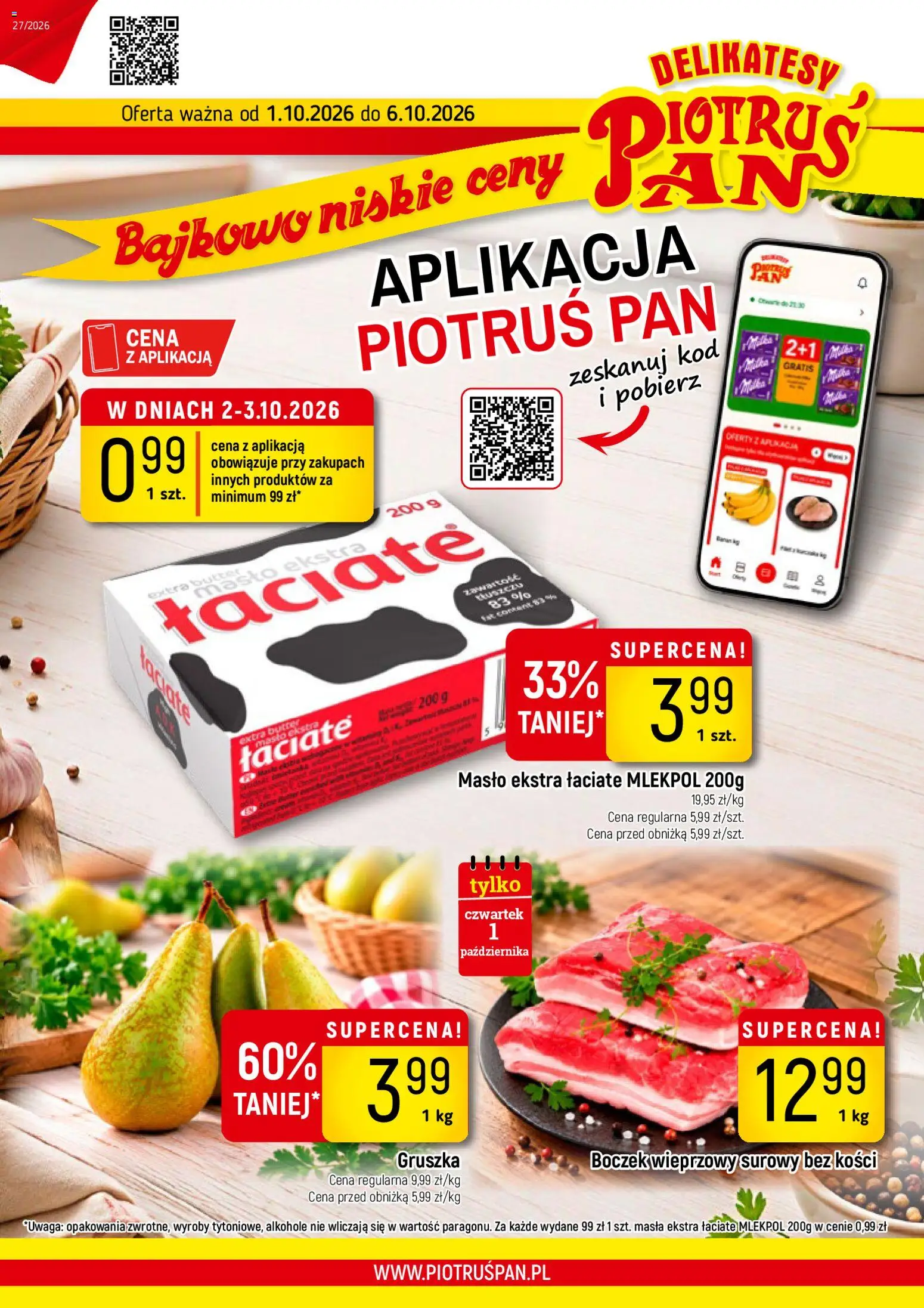 Pogląd gazetki "Piotruś Pan gazetka" ze sklepu Piotruś Pan ważnej od 01.10.2026 - Masło, Alkohole, Delikatesy, Gruszka, Boczek, Boczek wieprzowy