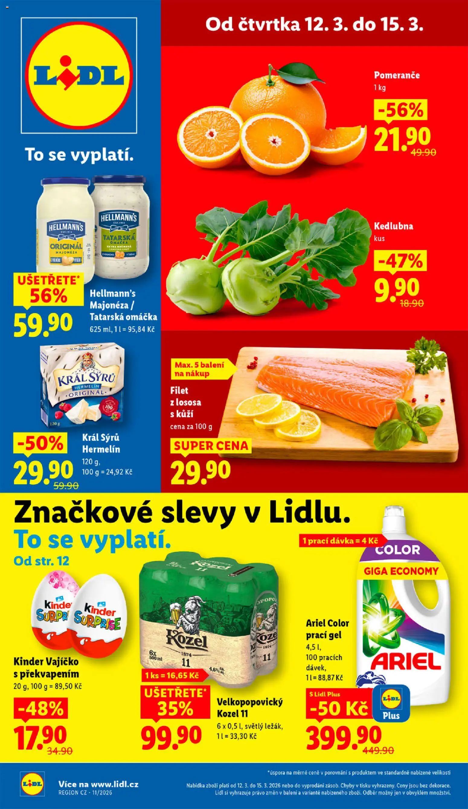 Náhled nabídky: Lidl Lidl leták platný od 12.03.2026 - Kozel, Kinder, Prací gel, Kozel 11, Majonéza, Hellmann's, Filet, Velkopopovický Kozel 11