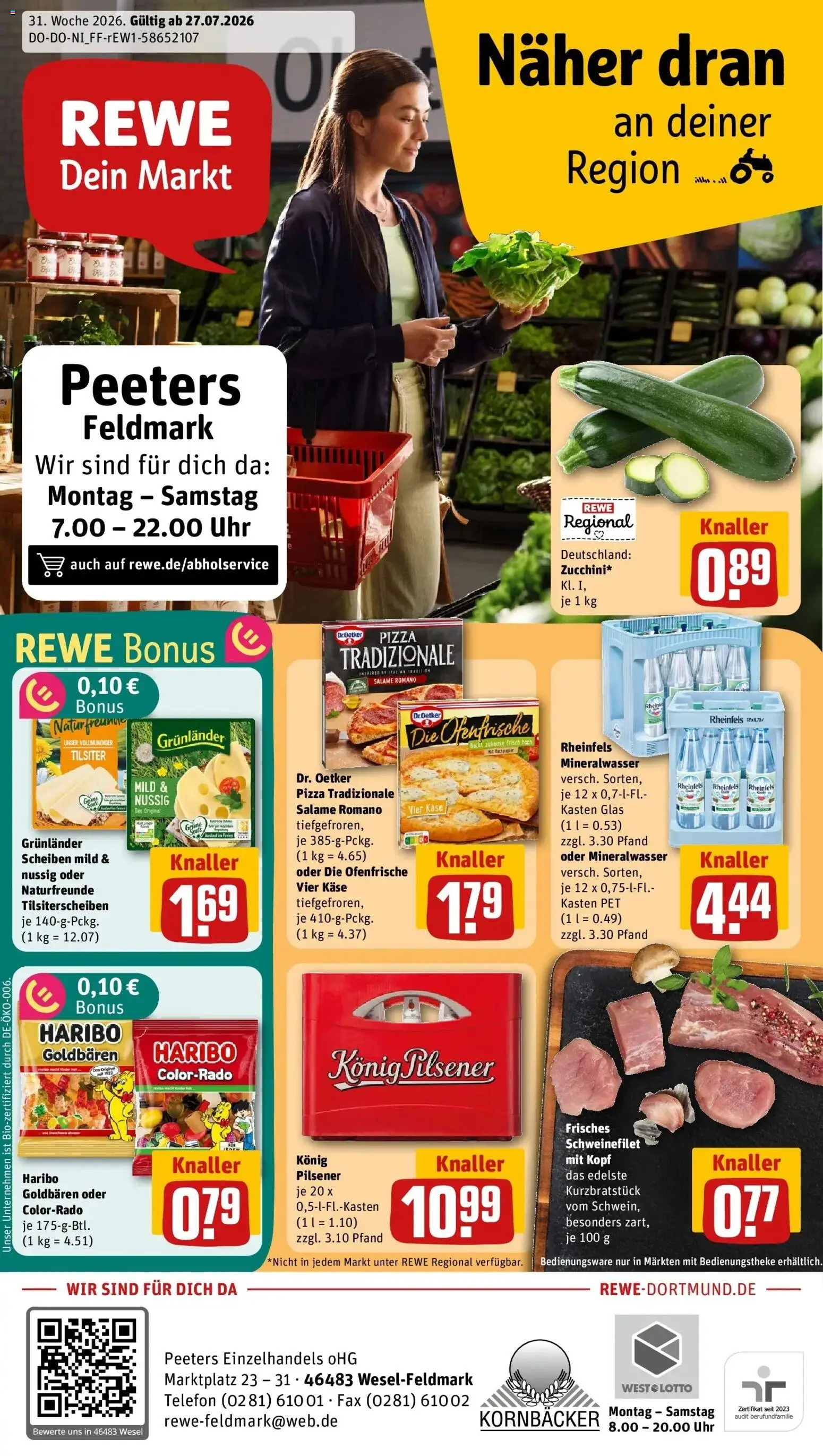 Vorschau von dem Prospekt des Geschäftes Rewe, gültig ab dem 27.07.2026 - Pizza, Uhr, Telefon, Käse, Haribo, Mineralwasser, Ofenfrische, Grunlander